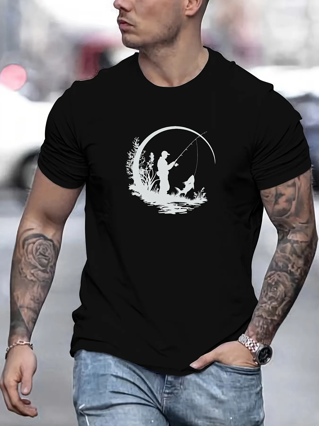 Men's summer 100% pure cotton fashionable casual loose fishing pattern printed sports round neck short sleeved T-shirt top