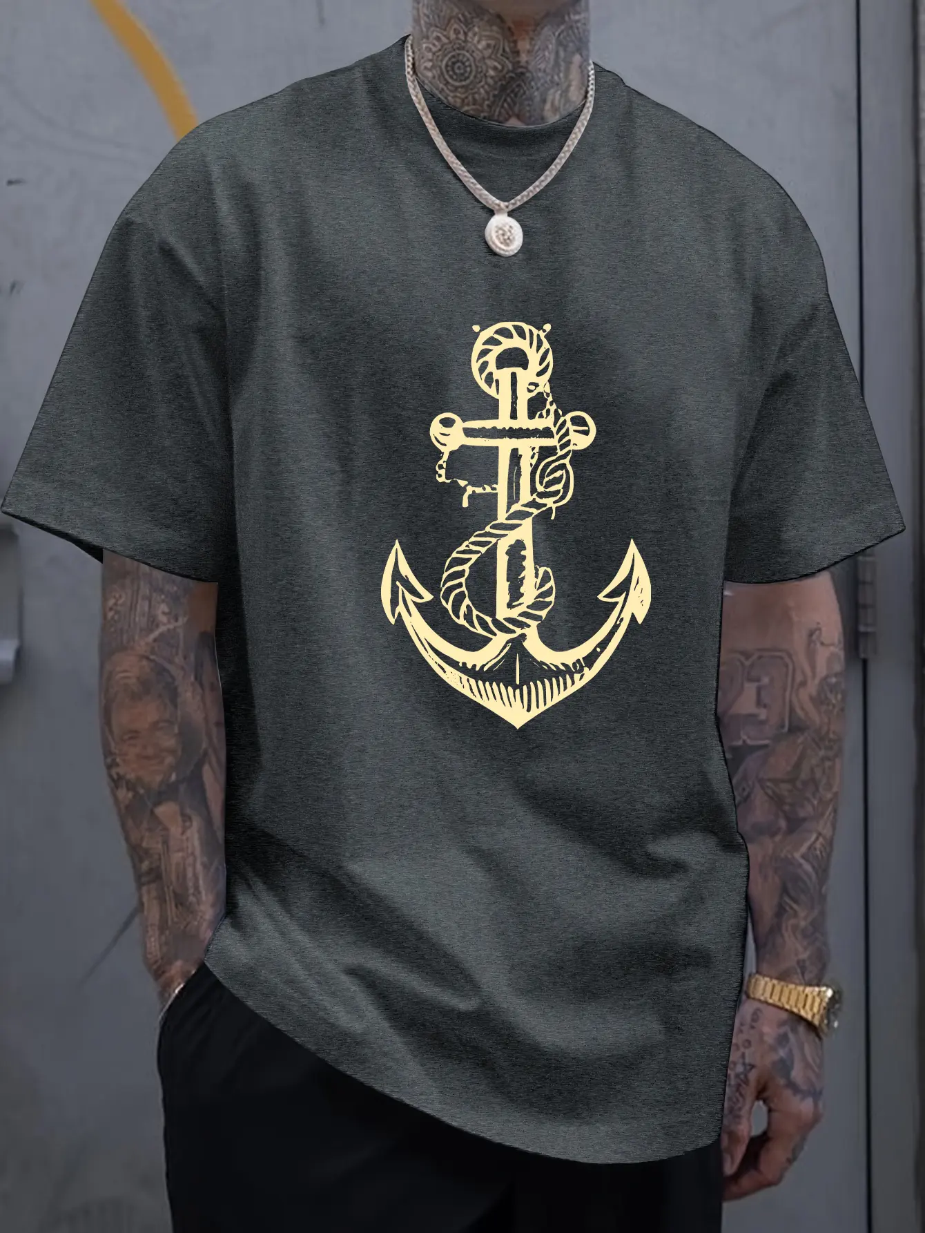 Men's summer 100 cotton fashionable casual sports loose boat anchor pattern printed round neck short sleeved T-shirt top