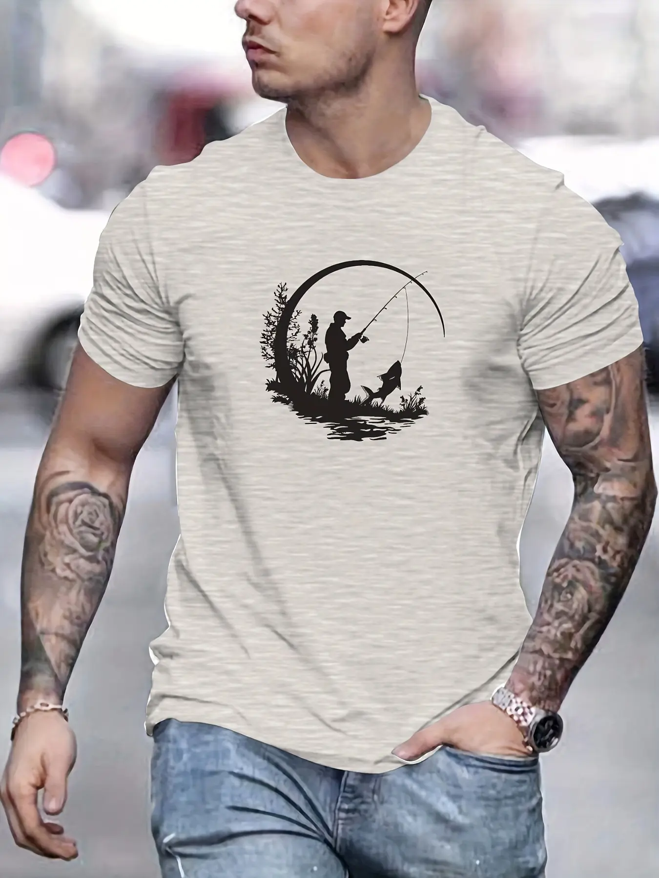 Men's summer 100% pure cotton fashionable casual loose fishing pattern printed sports round neck short sleeved T-shirt top