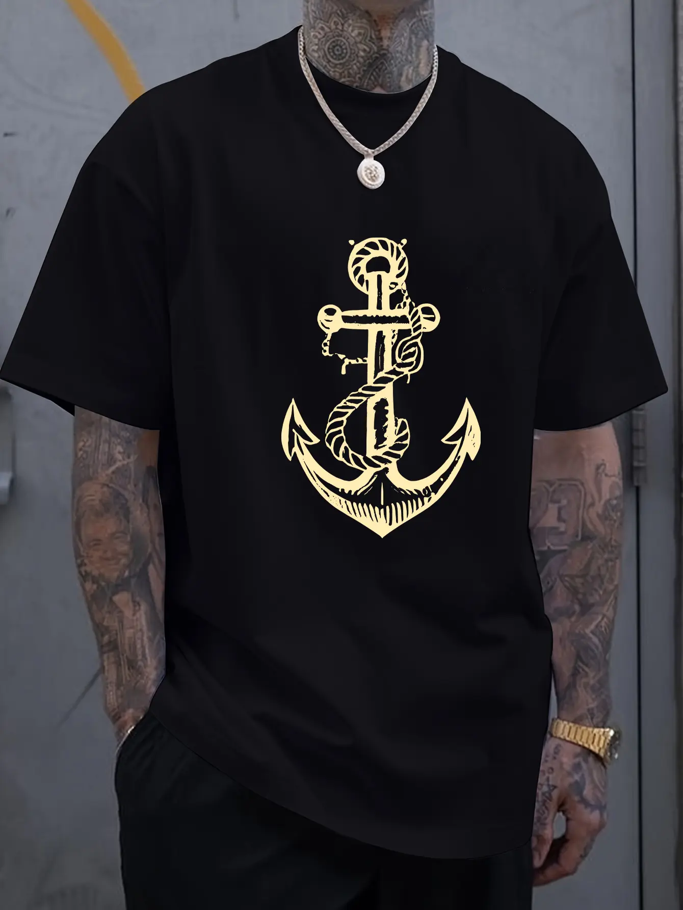 Men's summer 100 cotton fashionable casual sports loose boat anchor pattern printed round neck short sleeved T-shirt top