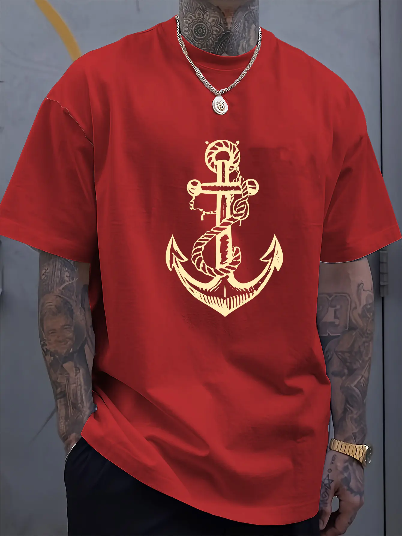 Men's summer 100 cotton fashionable casual sports loose boat anchor pattern printed round neck short sleeved T-shirt top