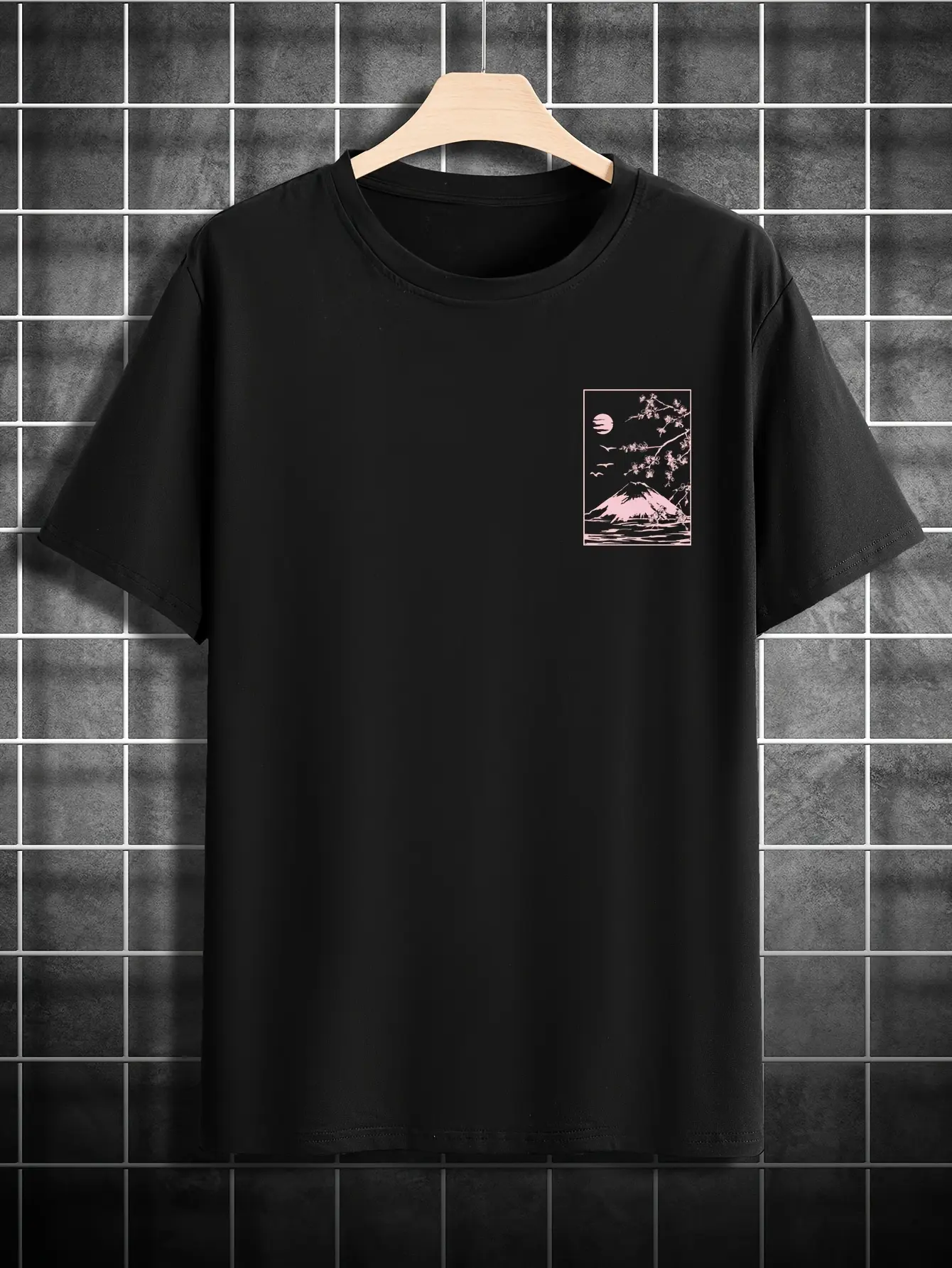 Men's summer 100% pure cotton fashionable casual loose fit Fuji Mountain pattern printed round neck short sleeved T-shirt top