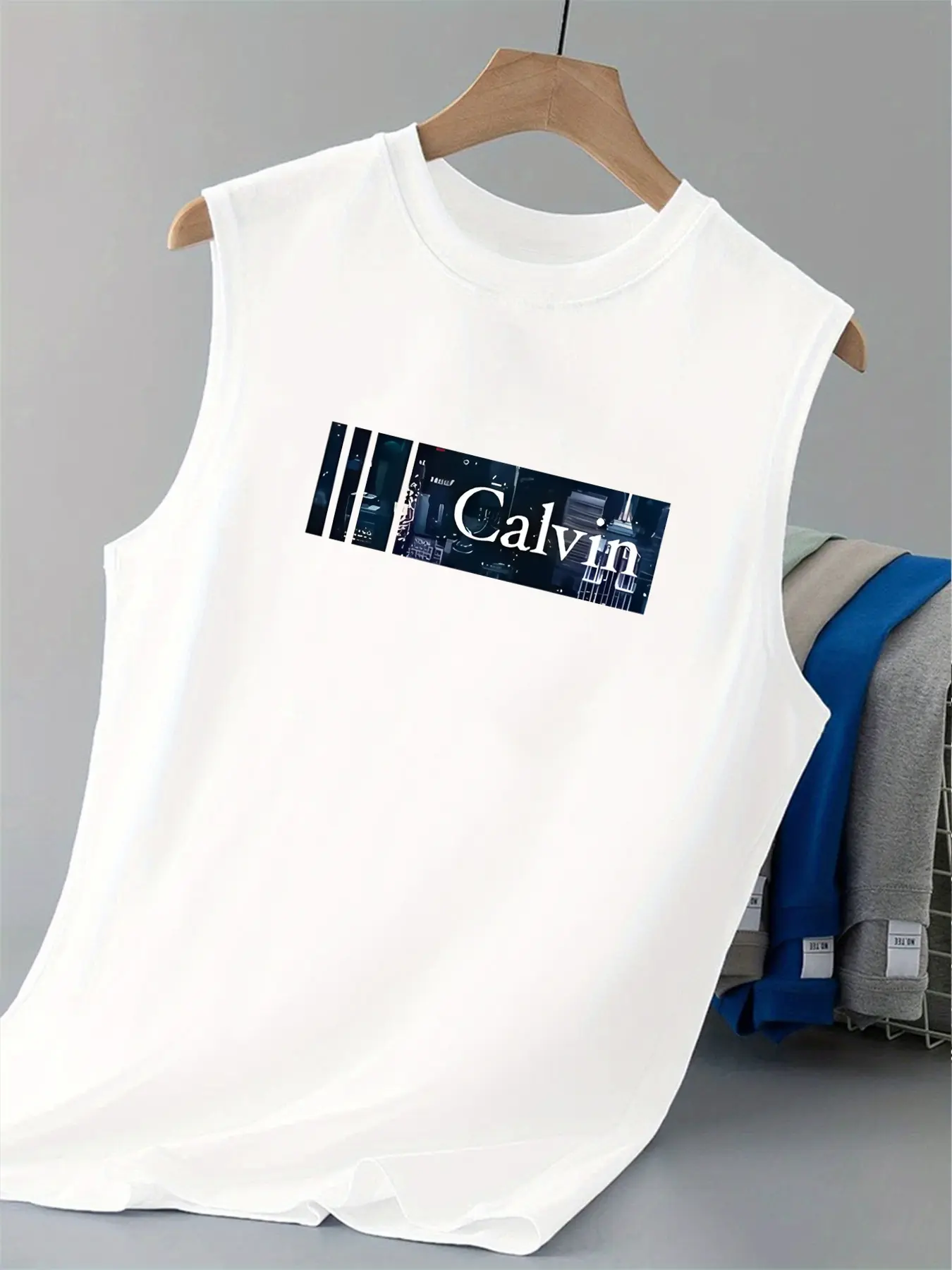 Men's summer casual sports loose CALIVN letter pattern print comfortable and breathable round neck sleeveless vest