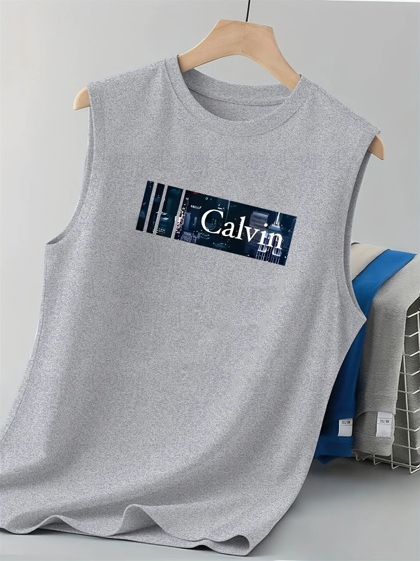 Men's summer casual sports loose CALIVN letter pattern print comfortable and breathable round neck sleeveless vest
