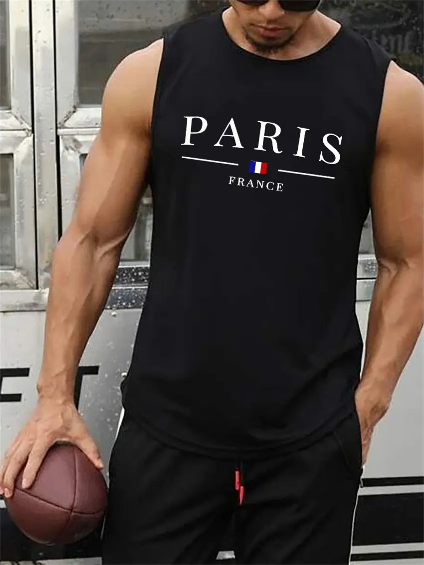 Men's summer casual sports loose fit Paris French pattern printed comfortable and breathable round neck sleeveless vest