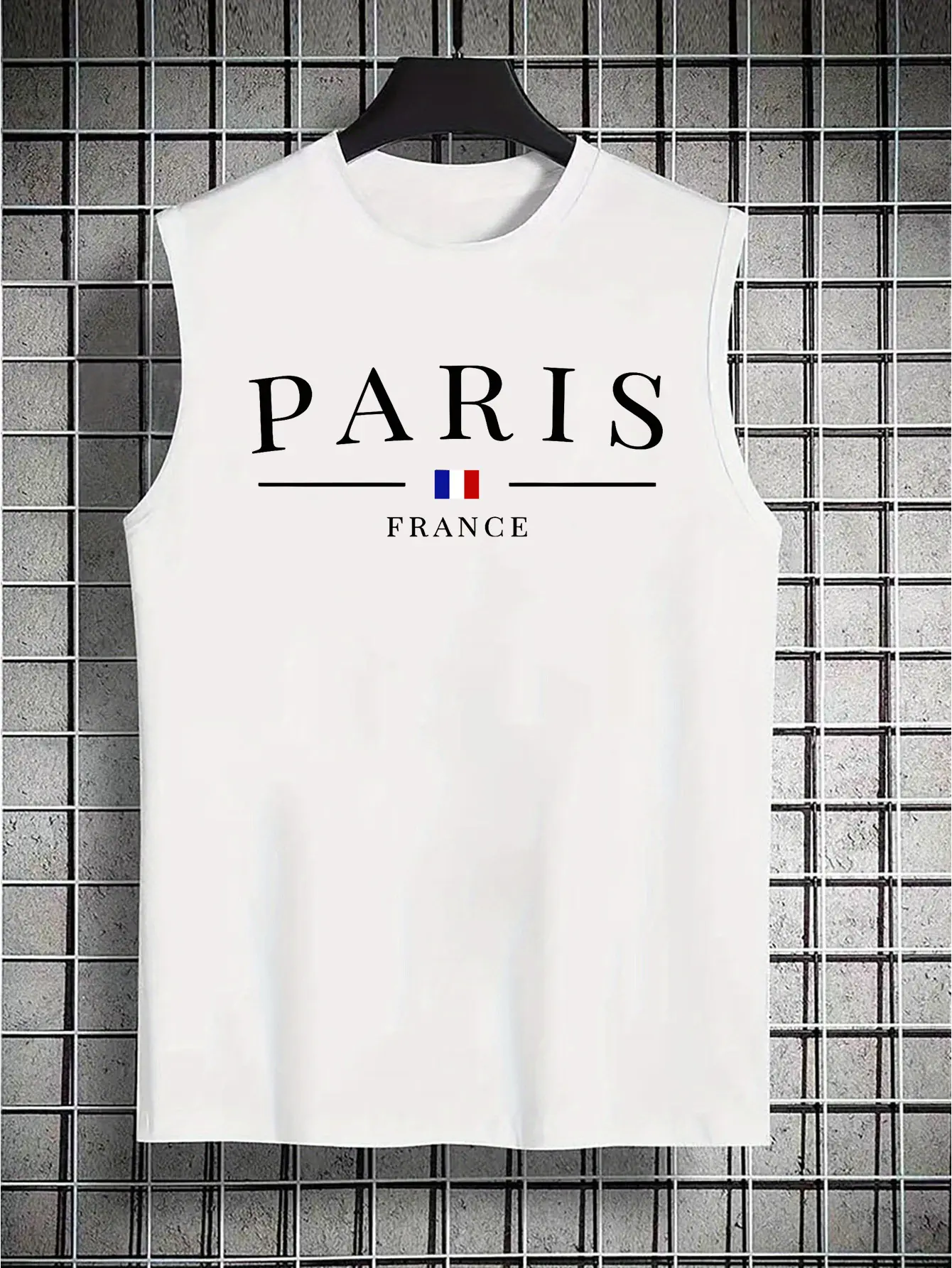 Men's summer casual sports loose fit Paris French pattern print comfortable and breathable round neck sleeveless vest