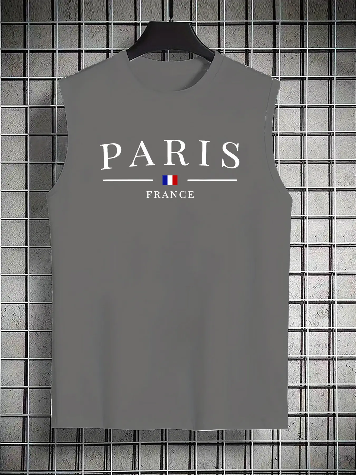Men's summer casual sports loose fit Paris French pattern print comfortable and breathable round neck sleeveless vest