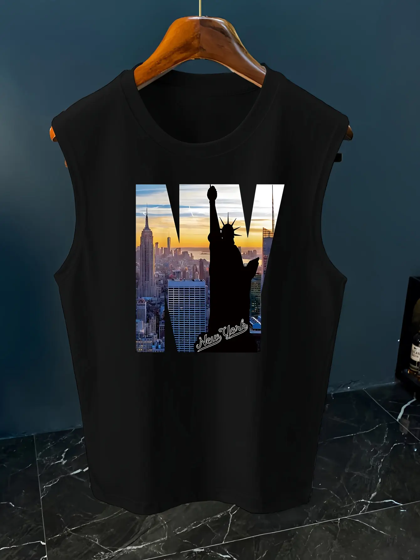 Men's Summer Leisure Sports Fitness Loose New York NY Pattern Printed Comfortable Breathable Round Neck Sleeveless Tank Top