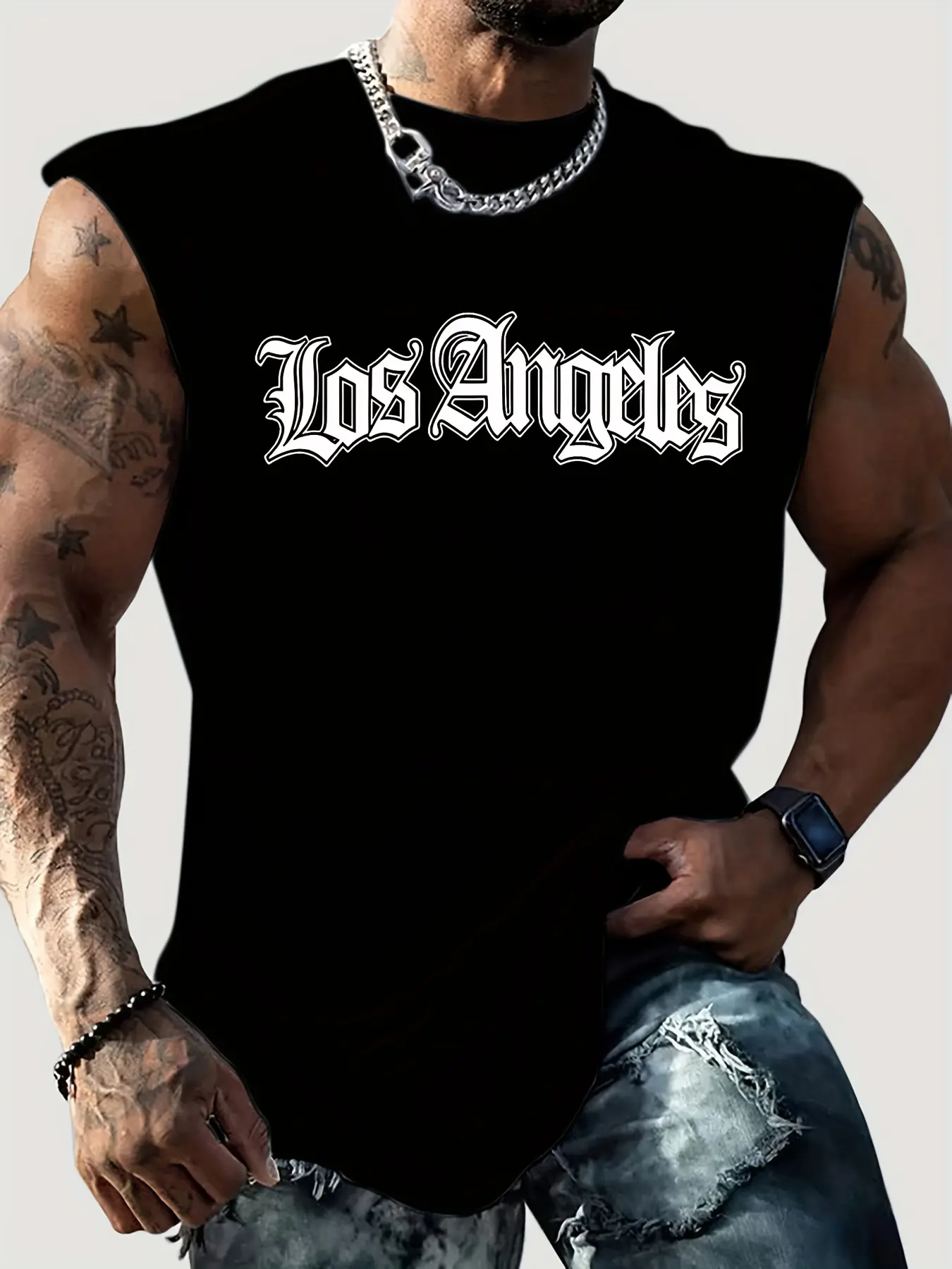 Men's summer casual sports loose fitting Los Angeles letter print comfortable and breathable round neck sleeveless vest