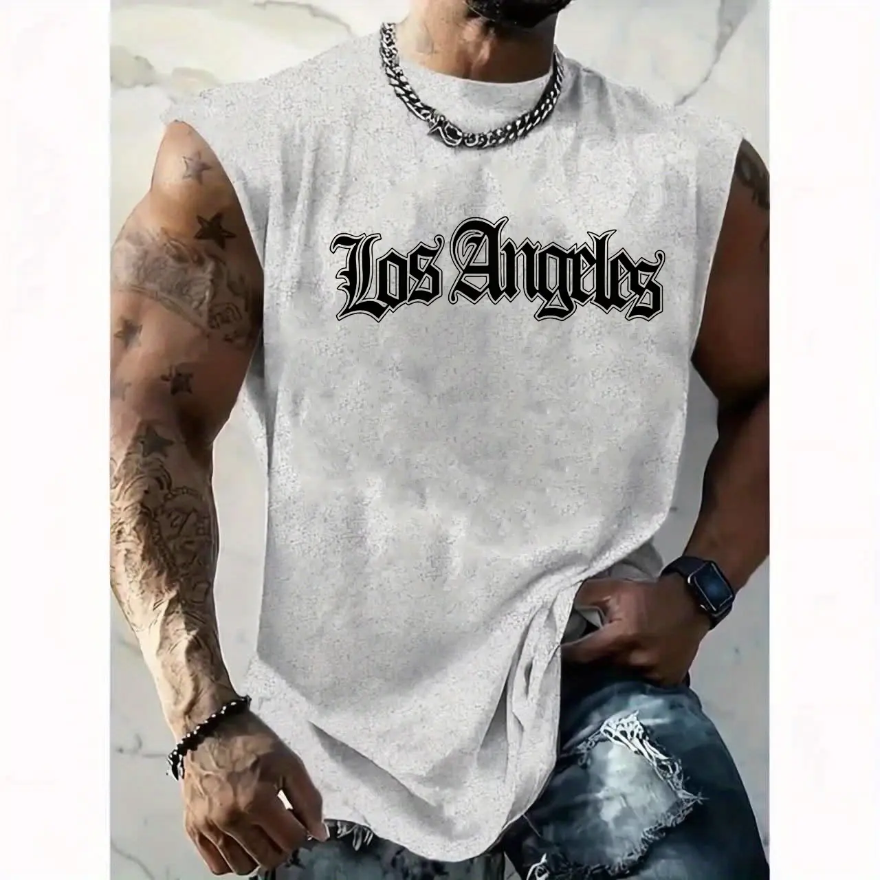 Men's summer casual sports loose fitting Los Angeles letter print comfortable and breathable round neck sleeveless vest