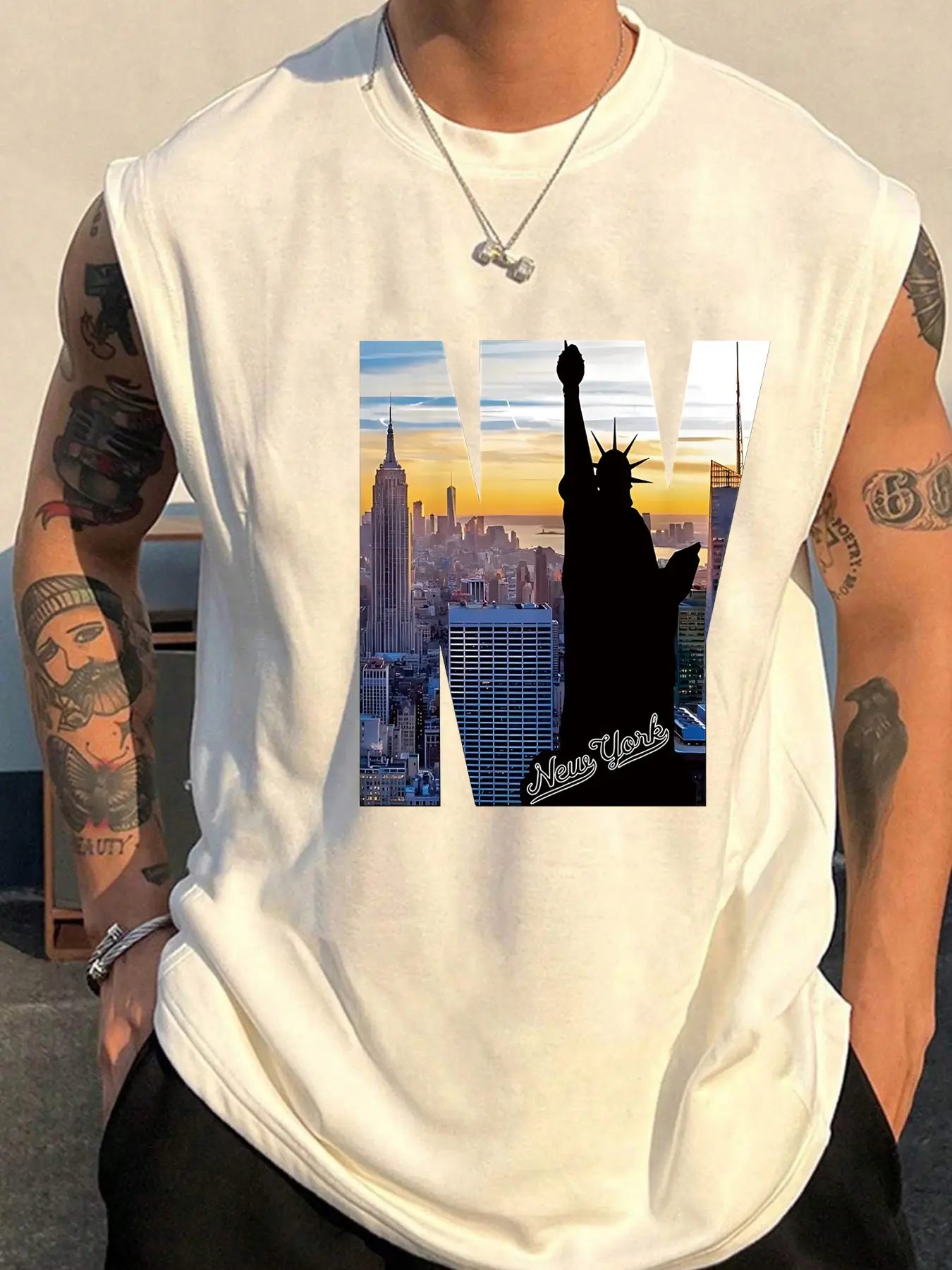 Men's Summer Leisure Sports Fitness Loose New York NY Pattern Printed Comfortable Breathable Round Neck Sleeveless Tank Top