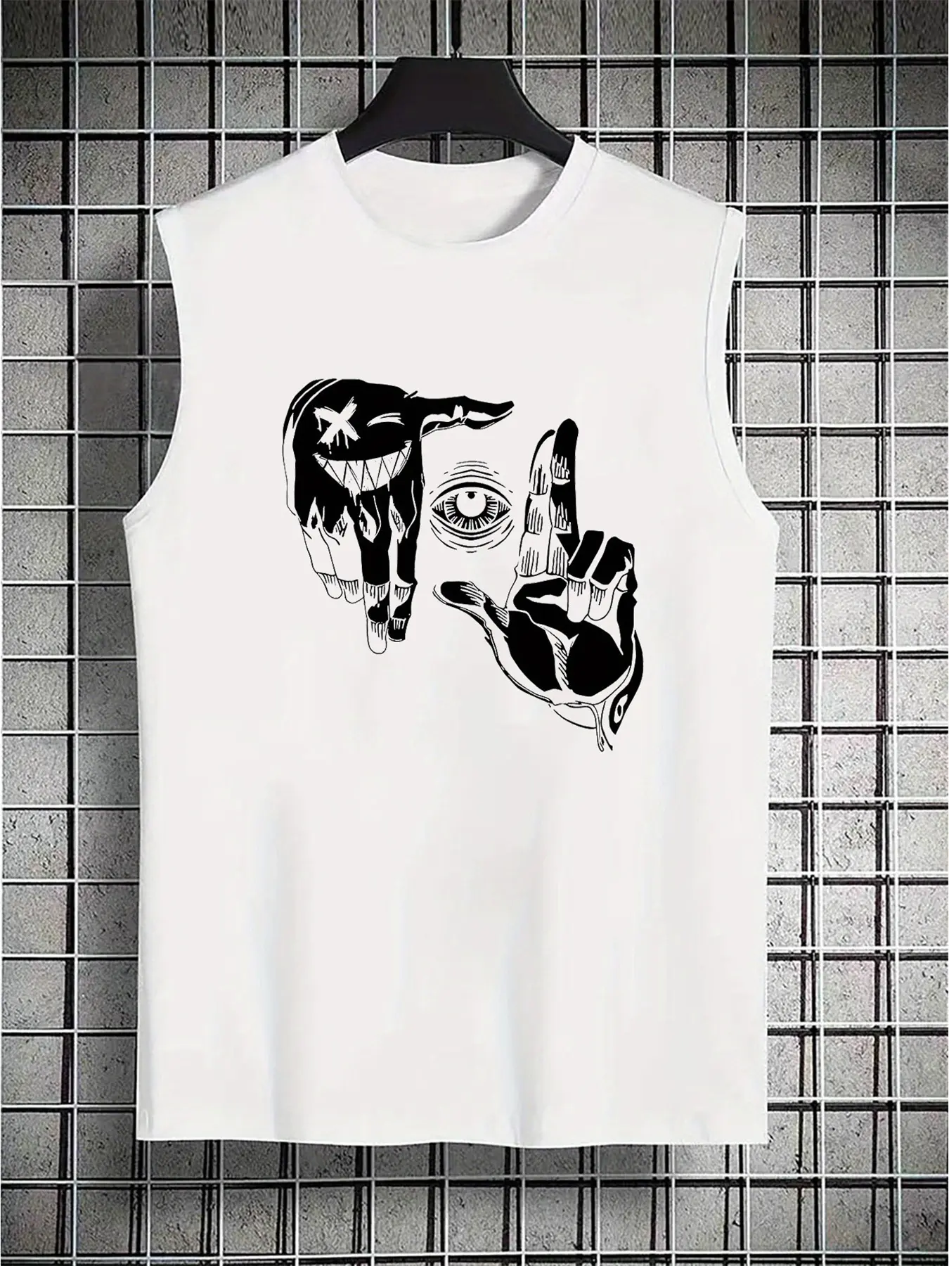Men's summer casual sports loose fit gesture eye pattern print comfortable and breathable round neck sleeveless vest