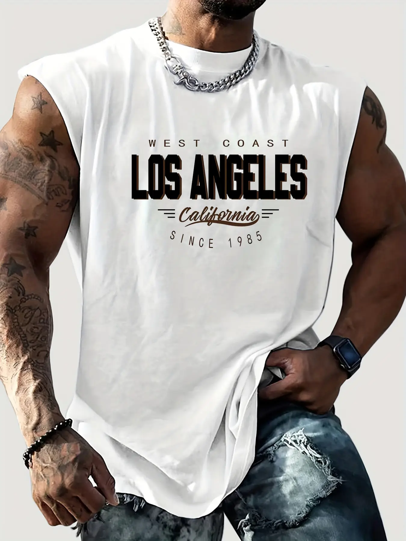 Men's Summer Leisure Sports Fitness Loose Los Angeles Pattern Printed Comfortable Breathable Round Neck Sleeveless Tank Top