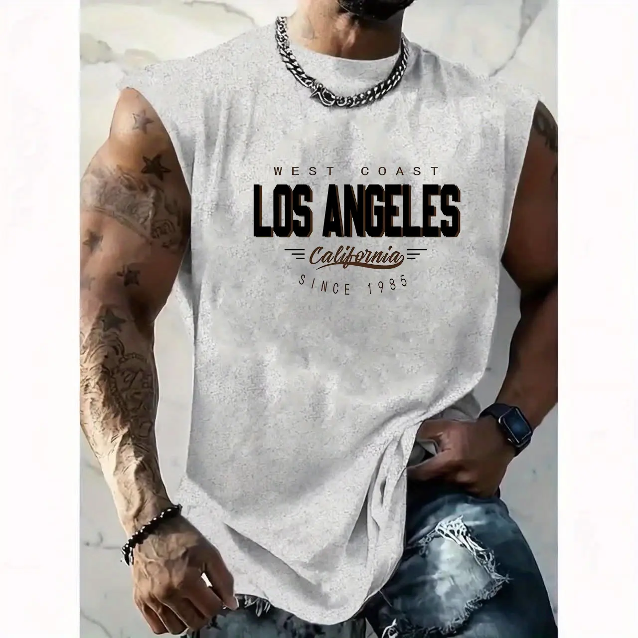 Men's Summer Leisure Sports Fitness Loose Los Angeles Pattern Printed Comfortable Breathable Round Neck Sleeveless Tank Top