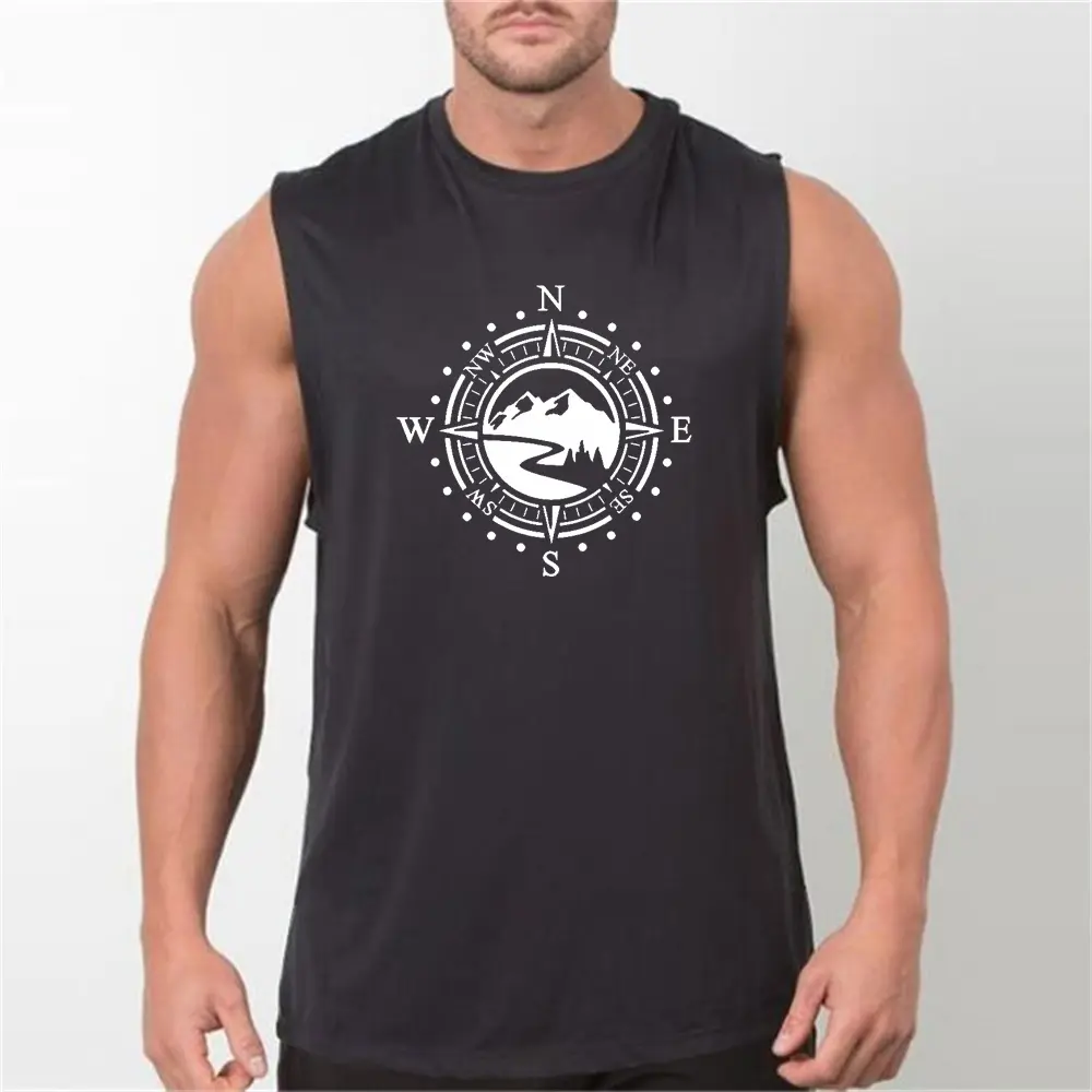 Men's summer leisure sports fitness loose mountain compass print comfortable and breathable round neck sleeveless vest