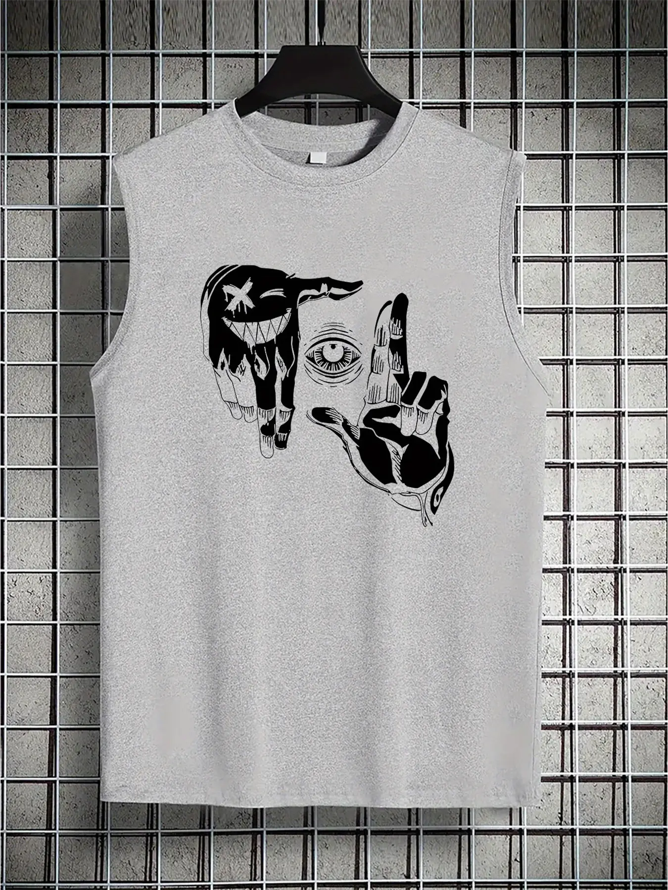 Men's summer casual sports loose fit gesture eye pattern print comfortable and breathable round neck sleeveless vest