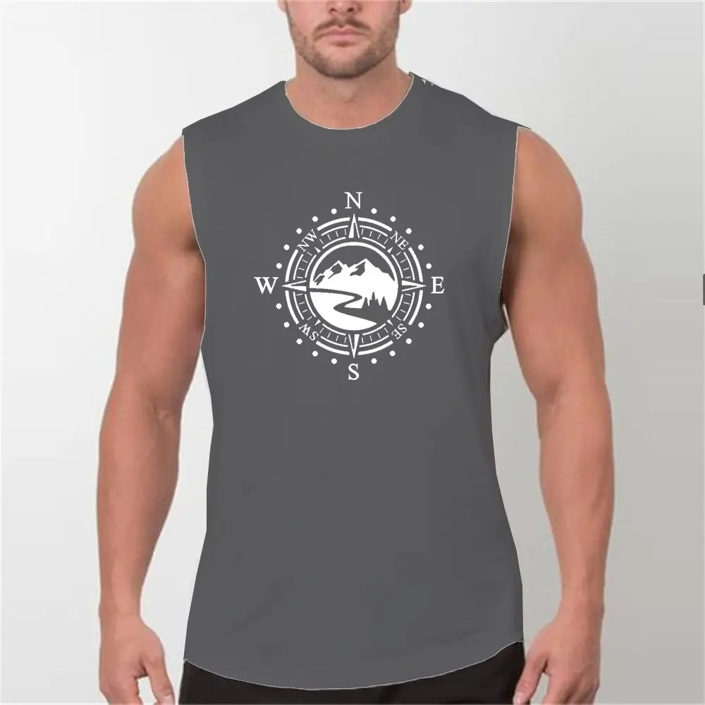 Men's summer leisure sports fitness loose mountain compass print comfortable and breathable round neck sleeveless vest