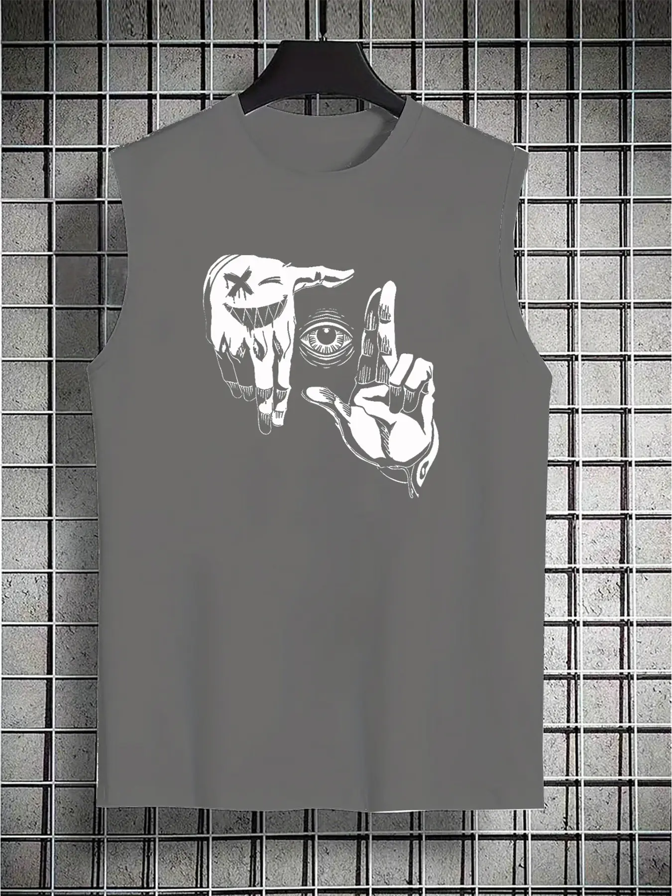 Men's summer casual sports loose fit gesture eye pattern print comfortable and breathable round neck sleeveless vest