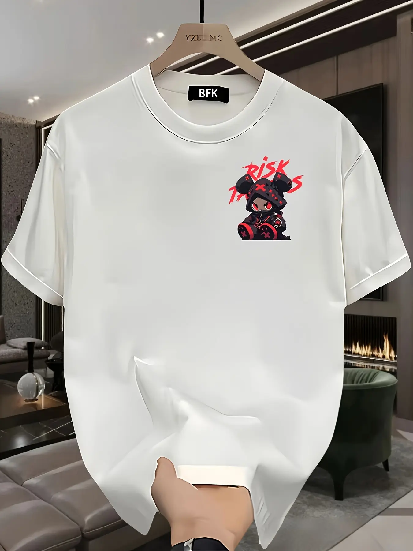 Men's Summer 100% Cotton Fashionable Casual Loose Tricks T-shirt Top with Red Splash Pattern Printed Round Neck Short Sleeve