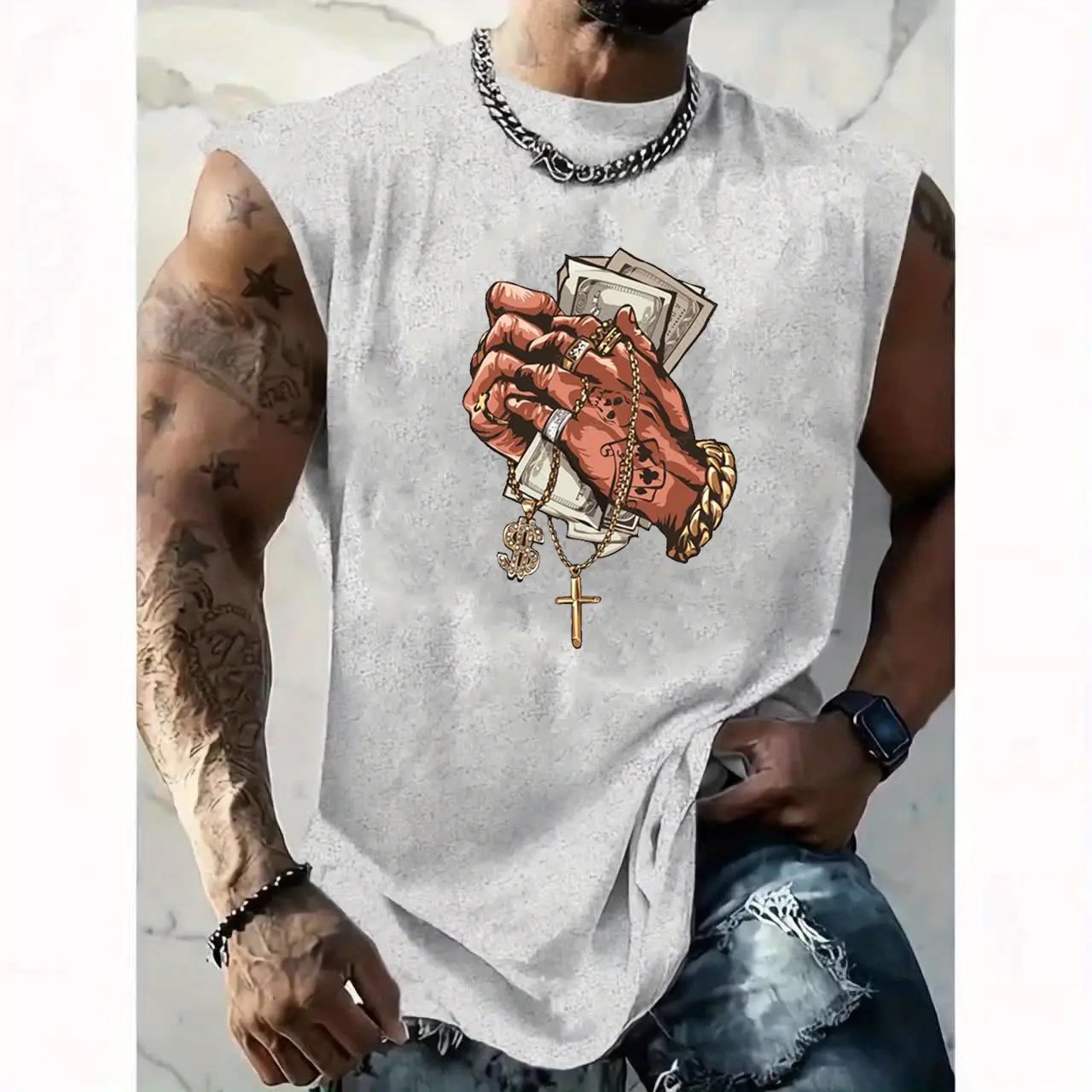 Men's Summer Leisure Sports Fitness Loose Spade A print Comfortable Breathable Round Neck Sleeveless Tank Top
