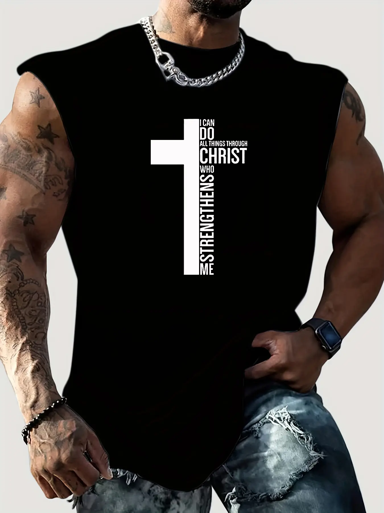 Men's summer casual sports fitness loose cross letter print comfortable and breathable round neck sleeveless vest