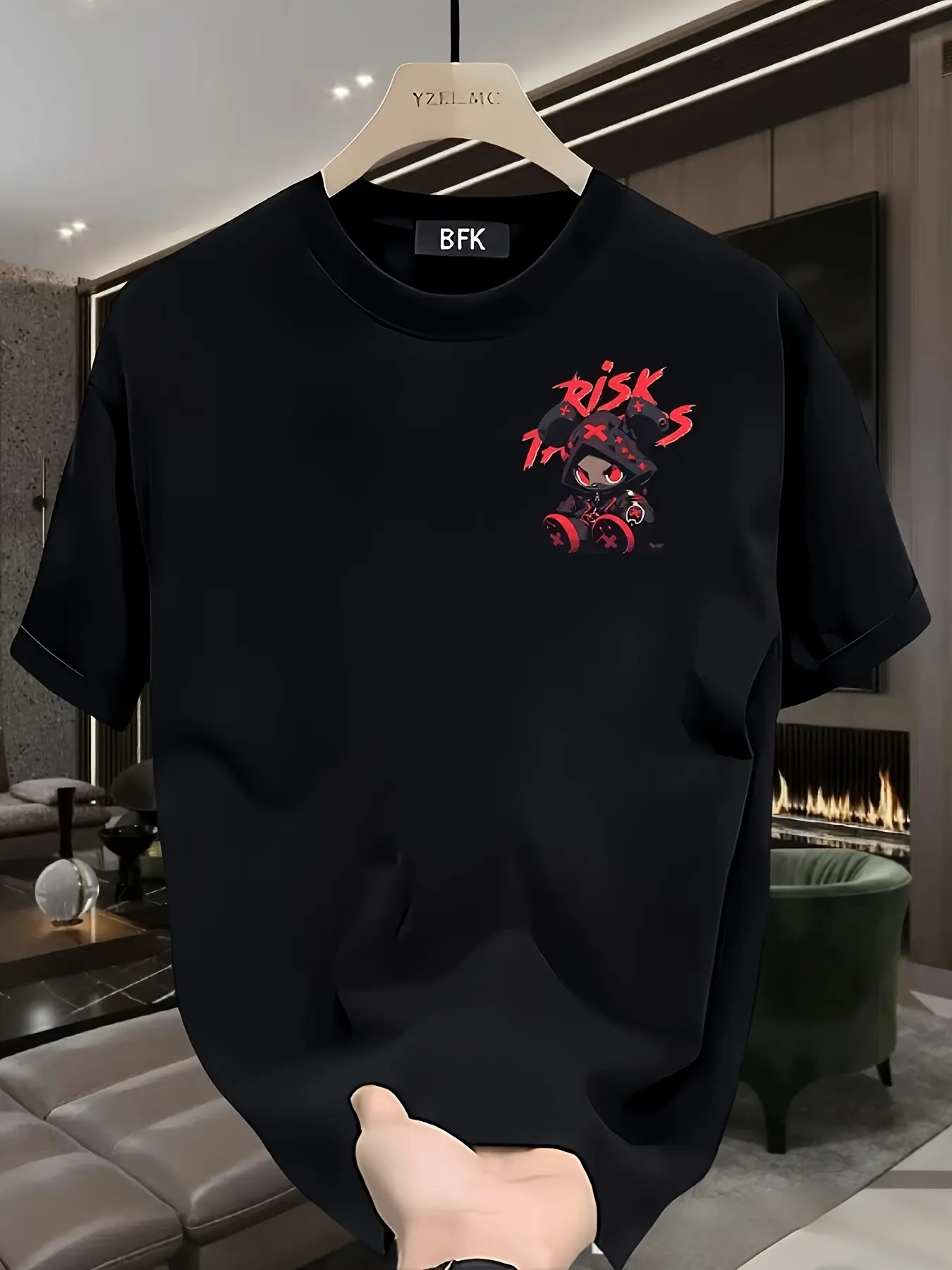 Men's Summer 100% Cotton Fashionable Casual Loose Tricks T-shirt Top with Red Splash Pattern Printed Round Neck Short Sleeve