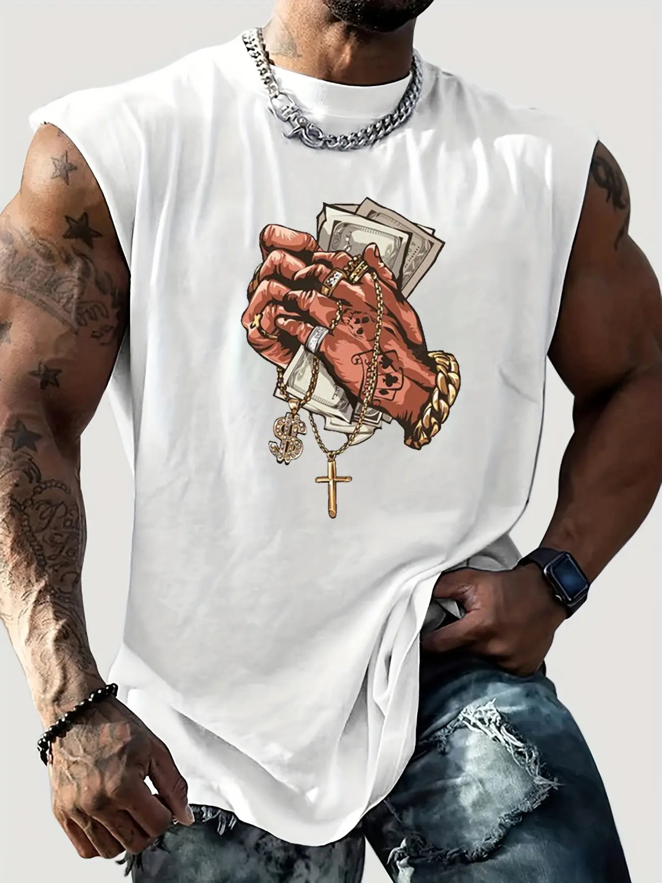 Men's Summer Leisure Sports Fitness Loose Spade A print Comfortable Breathable Round Neck Sleeveless Tank Top