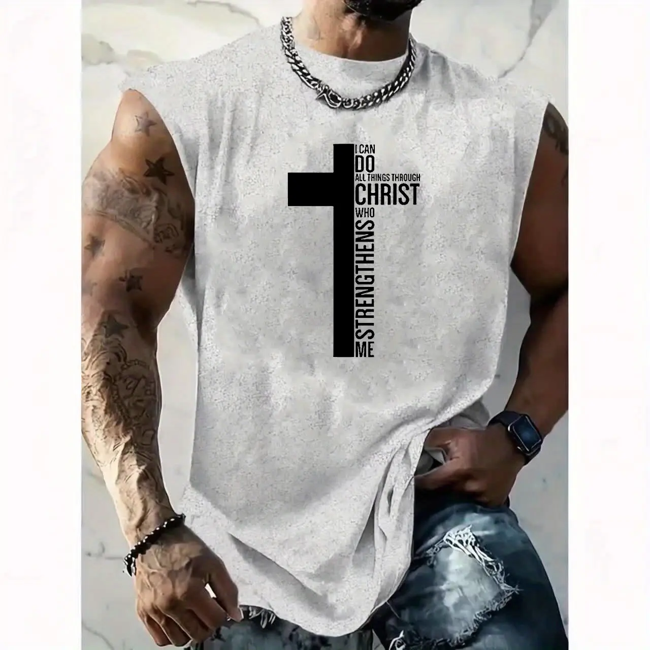 Men's summer casual sports fitness loose cross letter print comfortable and breathable round neck sleeveless vest