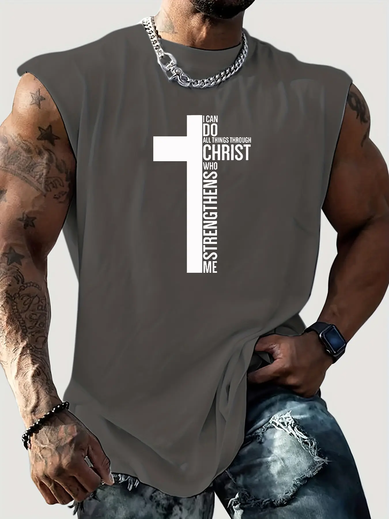 Men's summer casual sports fitness loose cross letter print comfortable and breathable round neck sleeveless vest