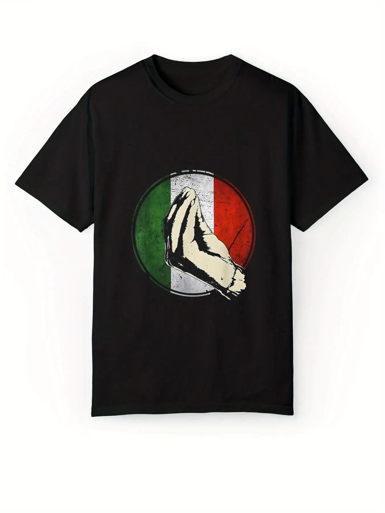 Men's summer heavyweight 100% pure cotton fashionable casual loose Italian flag inspiration prayer hand pattern round neck short