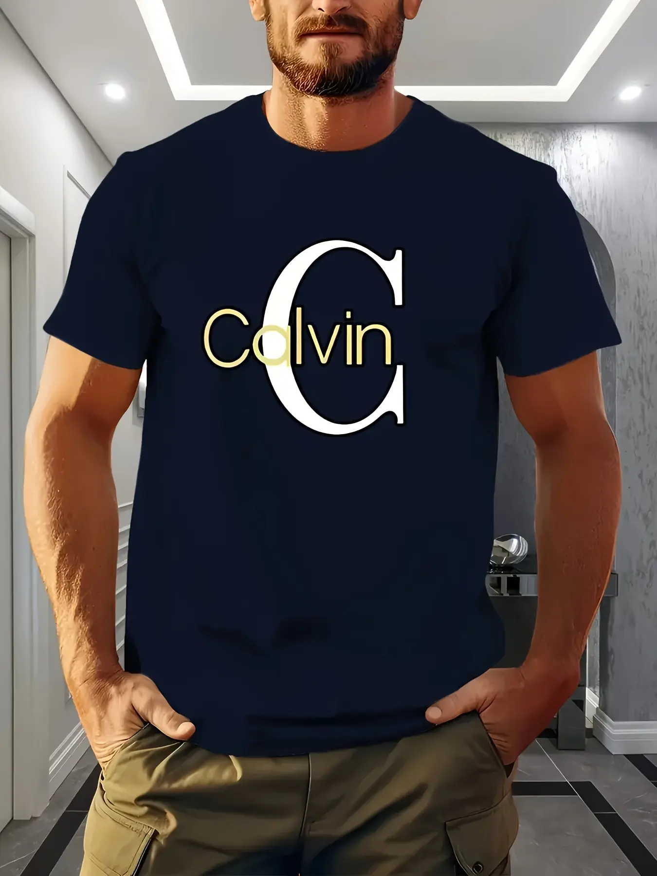 Men's summer 100% pure cotton fashionable casual loose sports Calvin letter pattern printed round neck short sleeved T-shirt top