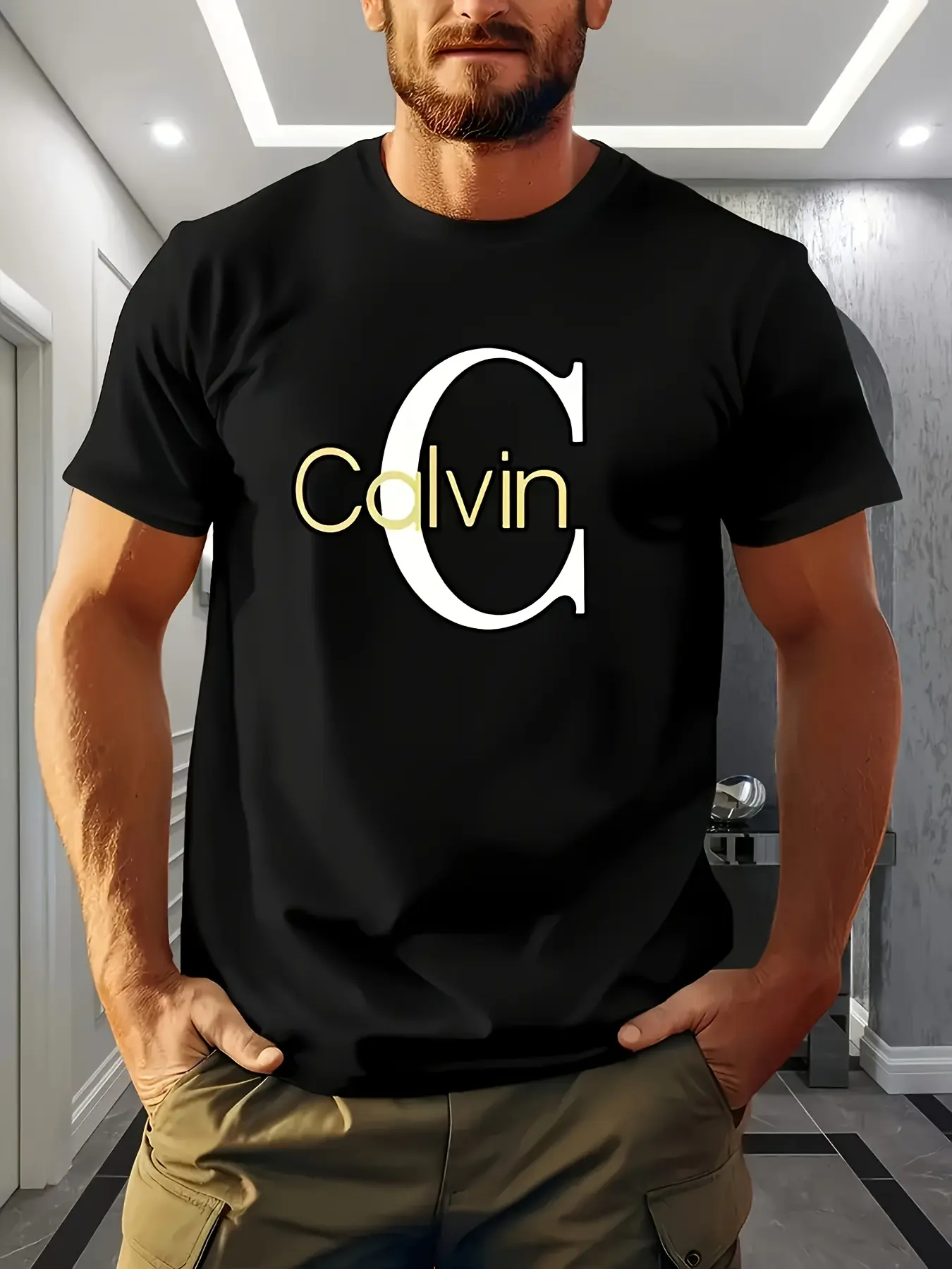 Men's summer 100% pure cotton fashionable casual loose sports Calvin letter pattern printed round neck short sleeved T-shirt top