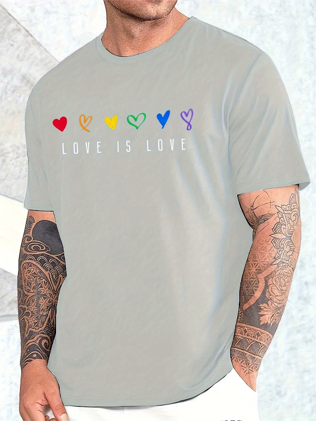 Men's summer heavyweight 100% pure cotton fashionable casual loose LOVE IS LOVE printed round neck short sleeved T-shirt