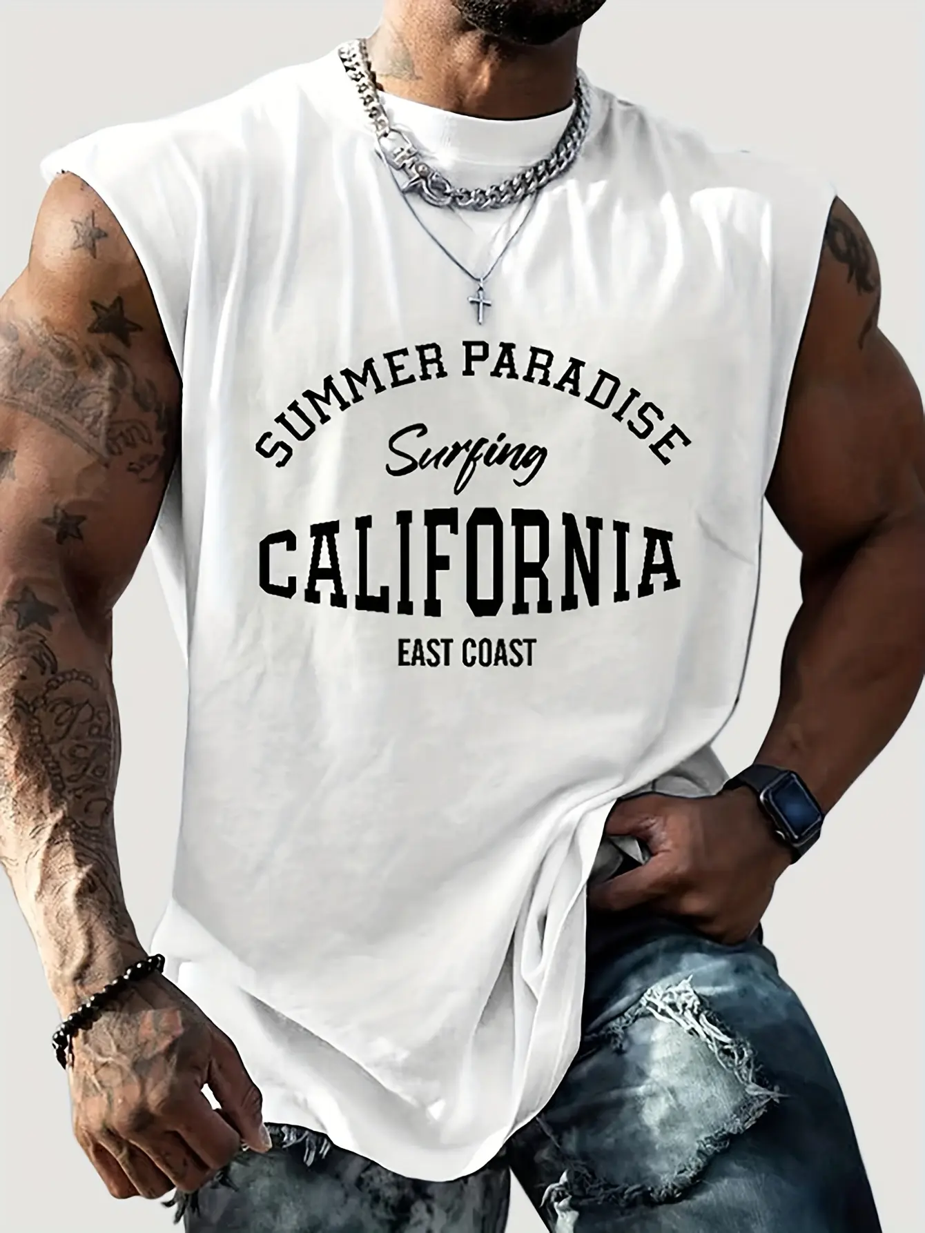 Men's summer fashion casual sports loose California West Coast Print comfortable breathable round neck sleeveless vest