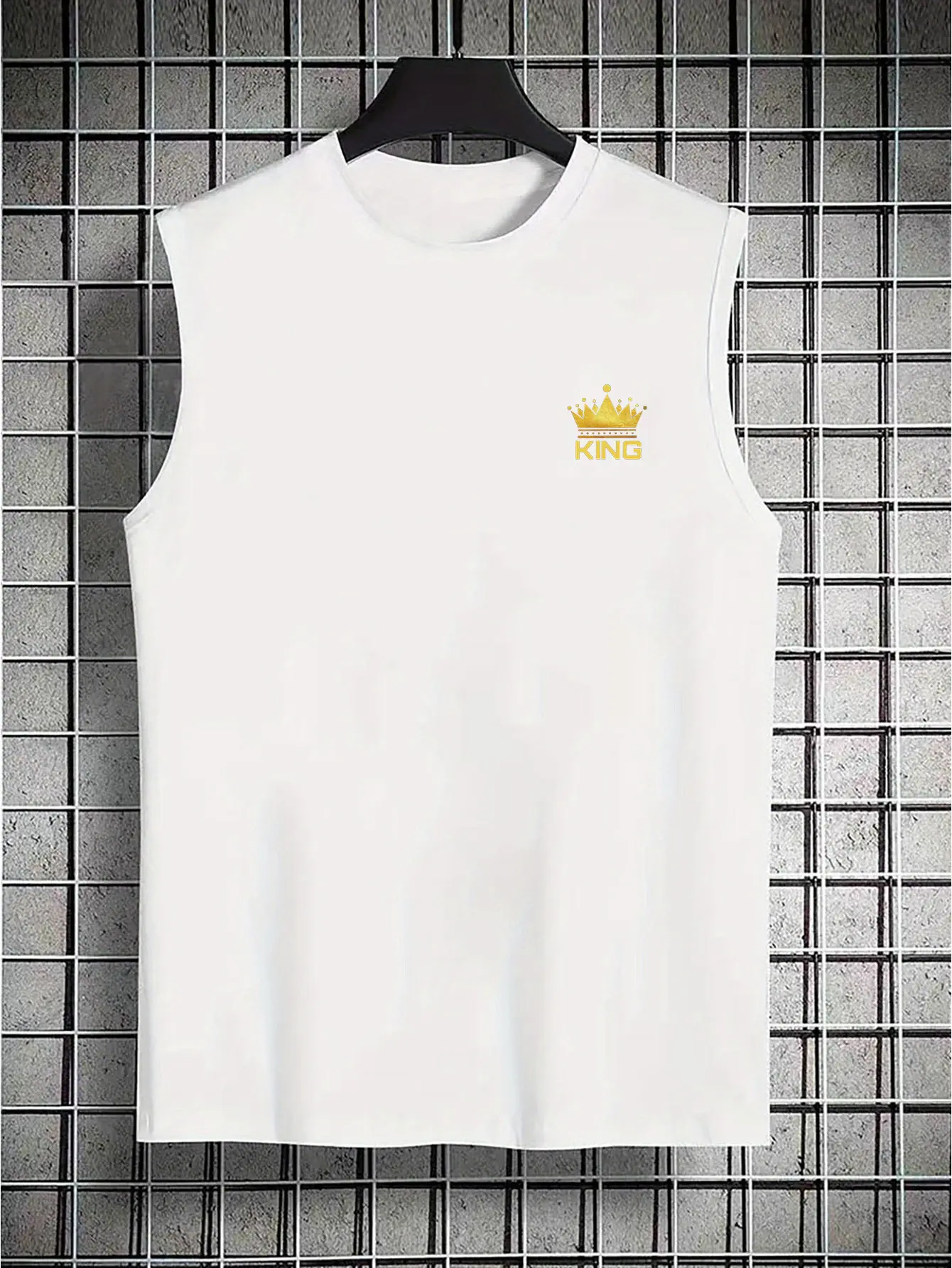 Men's Summer Leisure Sports Fitness Loose KING Crown Pattern Printed Comfortable Breathable Round Neck Sleeveless Tank Top