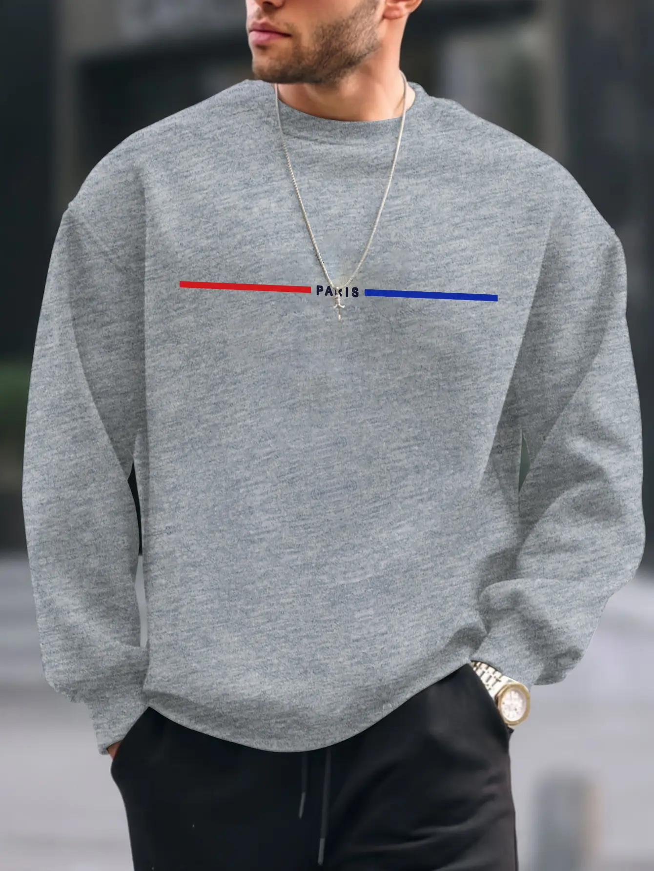Men's autumn and winter fashionable casual loose oversized Paris printed fleece pullover round neck long sleeved sweatshirt