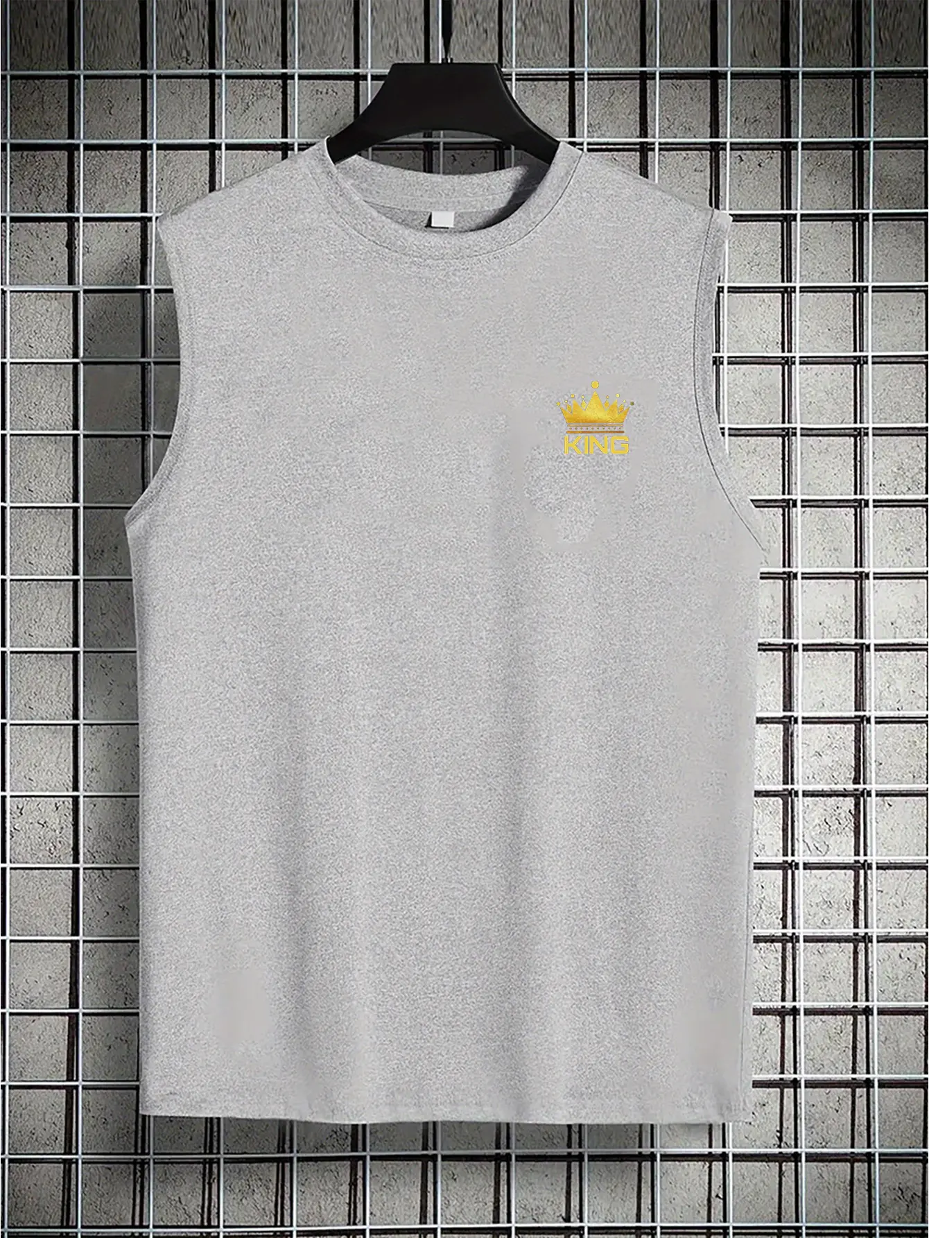 Men's Summer Leisure Sports Fitness Loose KING Crown Pattern Printed Comfortable Breathable Round Neck Sleeveless Tank Top