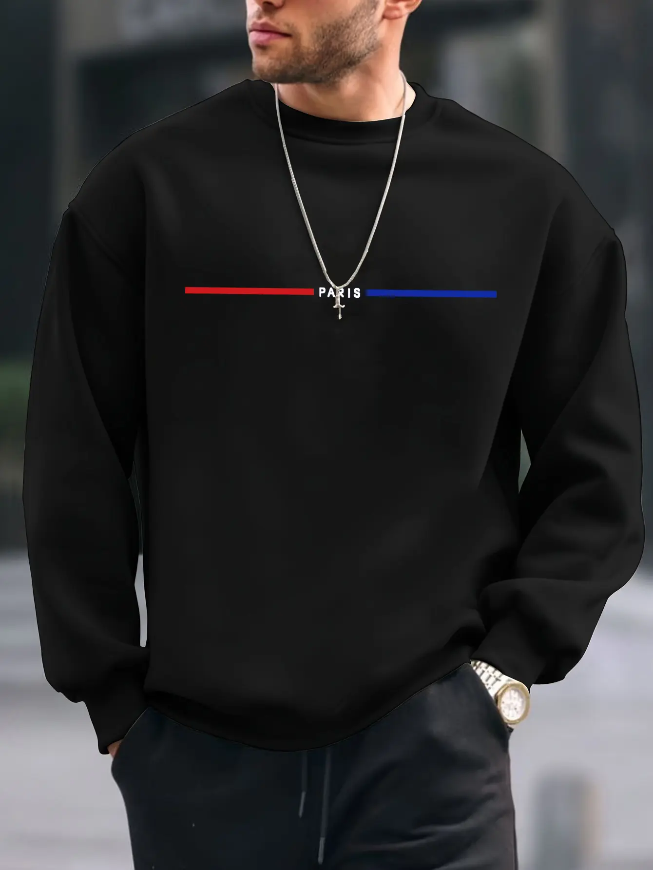 Men's autumn and winter fashionable casual loose oversized Paris printed fleece pullover round neck long sleeved sweatshirt