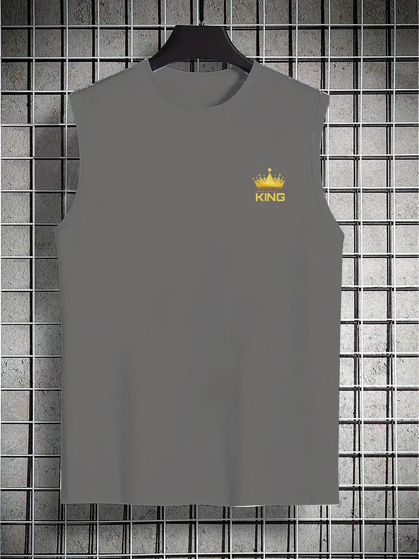 Men's Summer Leisure Sports Fitness Loose KING Crown Pattern Printed Comfortable Breathable Round Neck Sleeveless Tank Top