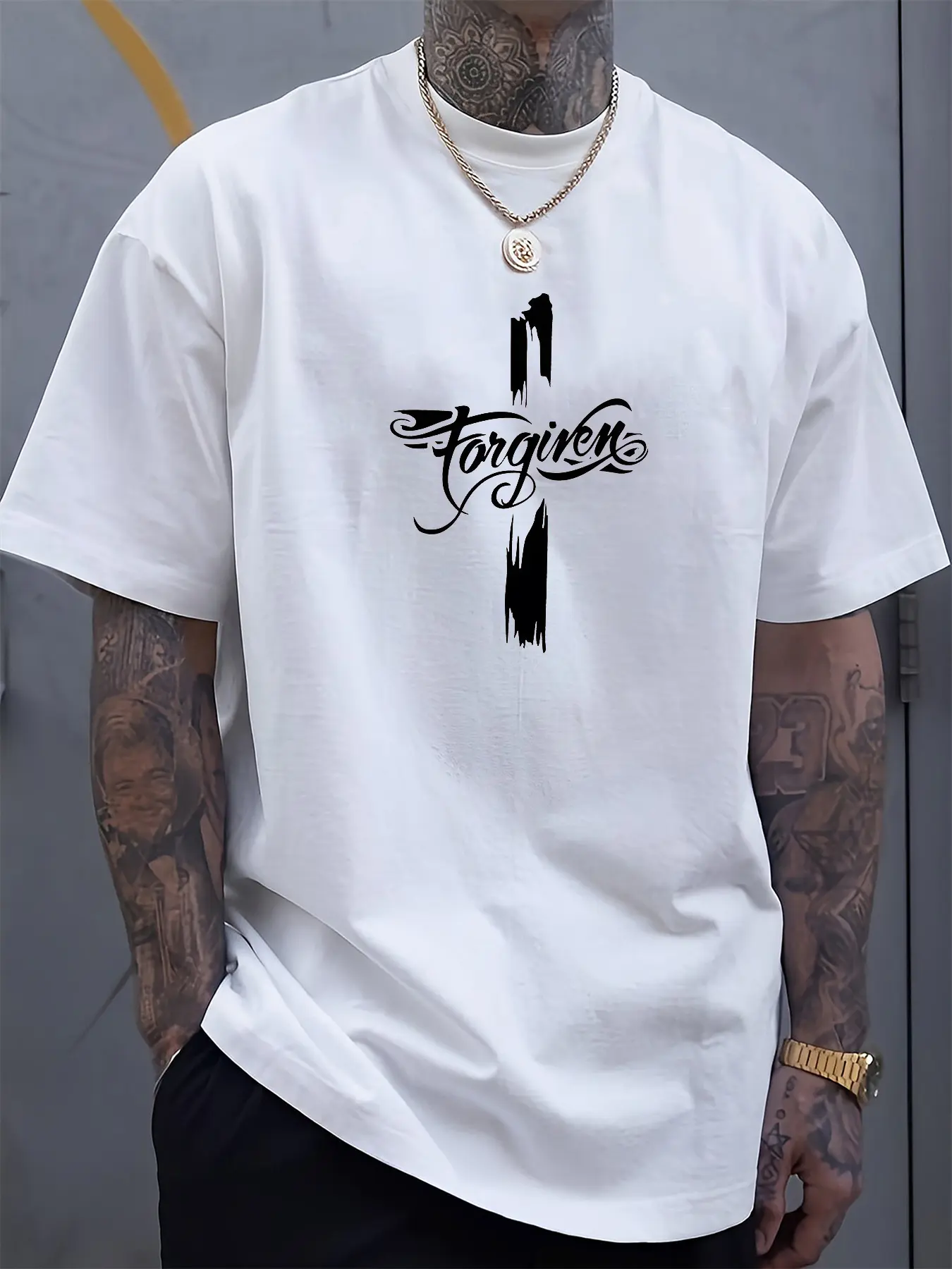 Men's Summer 100 Cotton Fashion Casual Loose Large Forgiveness Letter Creative Printed Round Neck Short Sleeve T-shirt