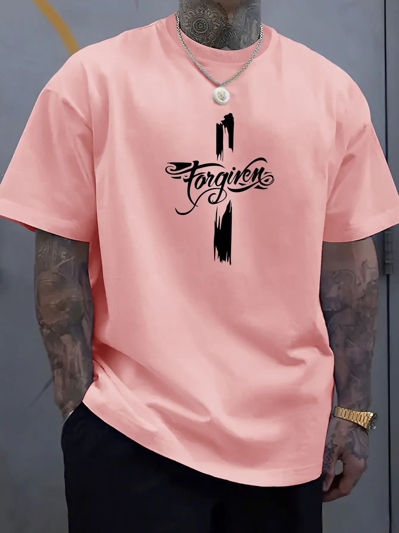 Men's Summer 100 Cotton Fashion Casual Loose Large Forgiveness Letter Creative Printed Round Neck Short Sleeve T-shirt