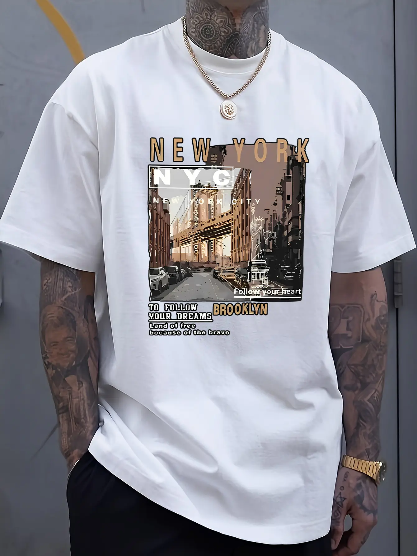 Men's summer 100% cotton fashionable casual loose New York City pattern printed sports round neck short sleeved T-shirt top