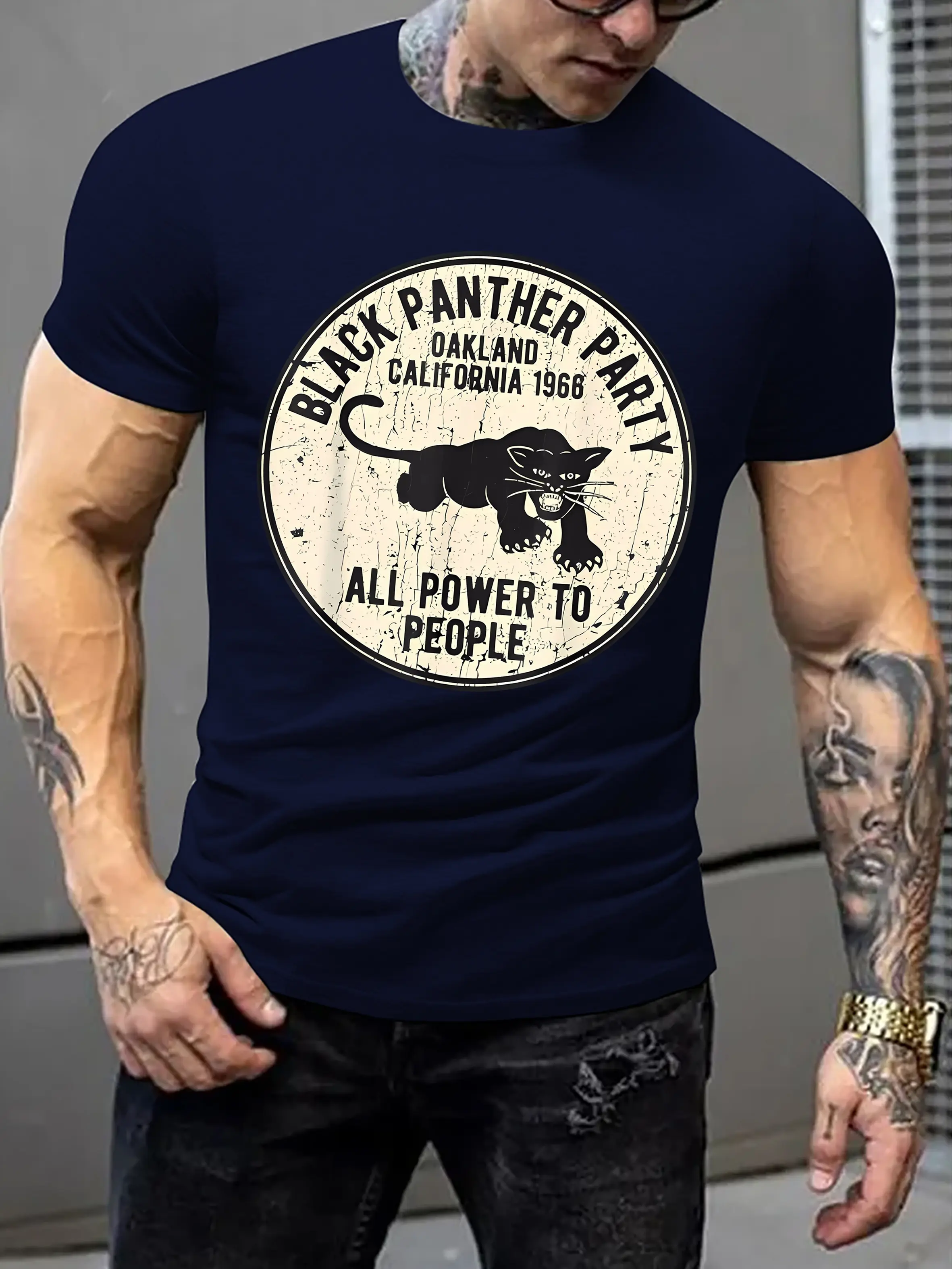 Men's summer 100% pure cotton fashionable sports casual loose black panther print pattern round neck short sleeved T-shirt top