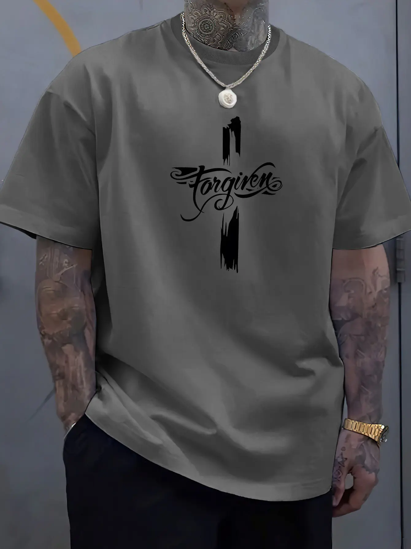 Men's Summer 100 Cotton Fashion Casual Loose Large Forgiveness Letter Creative Printed Round Neck Short Sleeve T-shirt