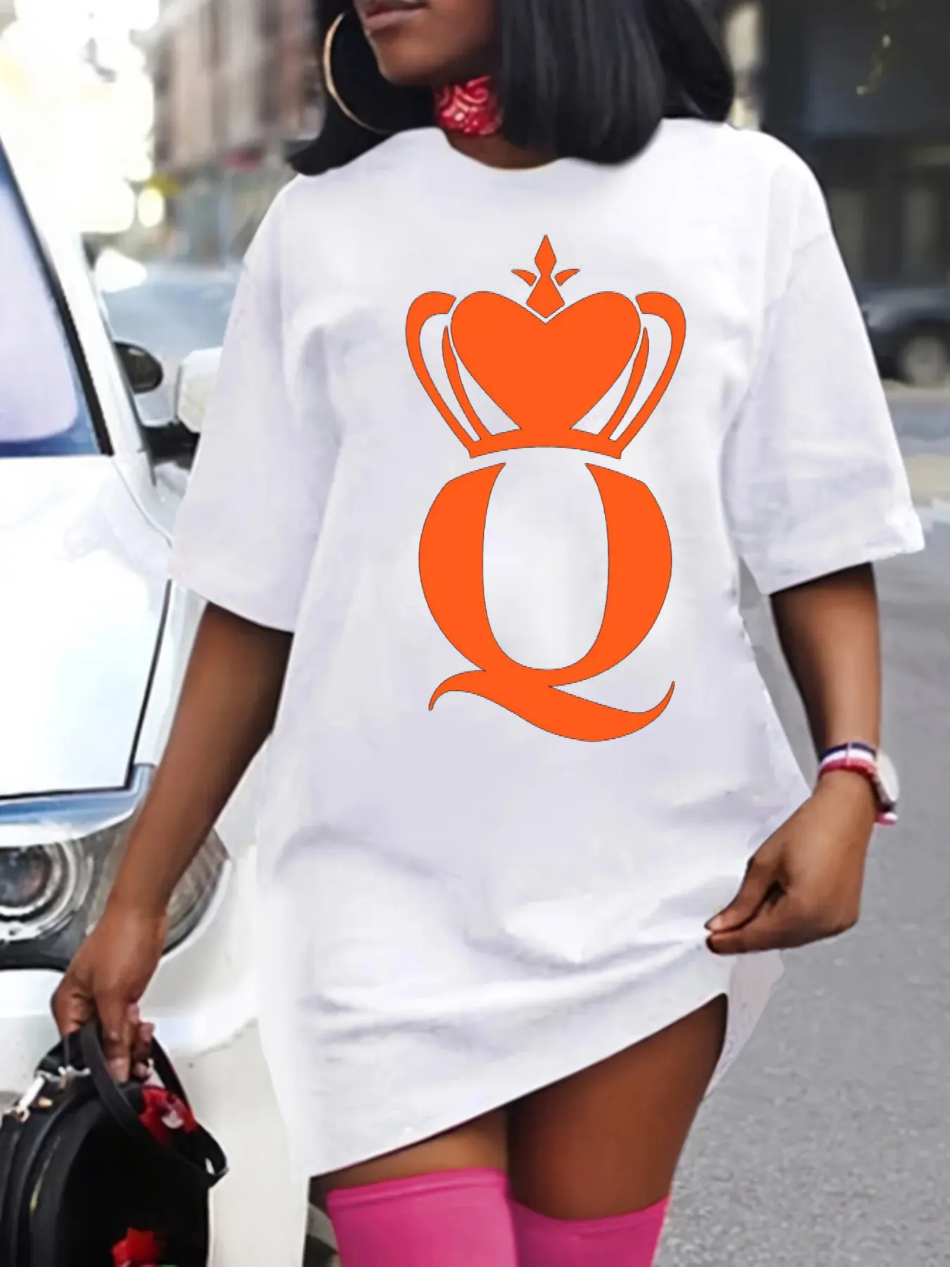 Women's summer casual Q Heart crown print letter print loose size round neck short sleeved T-shirt dress