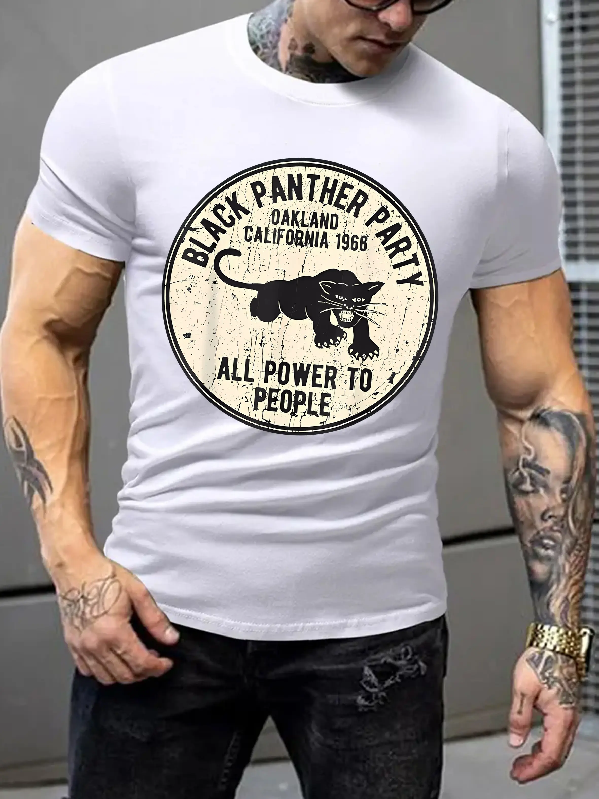 Men's summer 100% pure cotton fashionable sports casual loose black panther print pattern round neck short sleeved T-shirt top