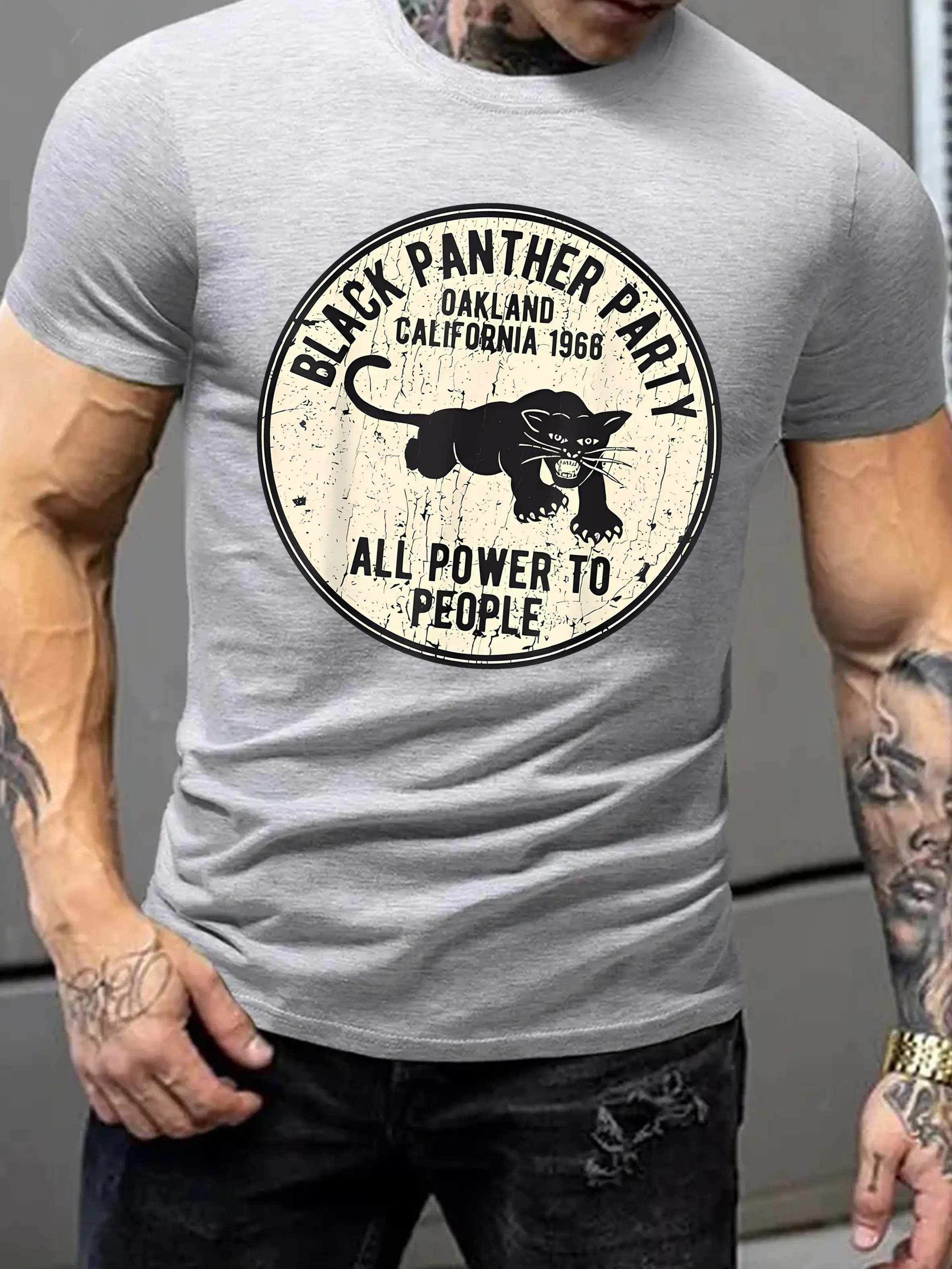 Men's summer 100% pure cotton fashionable sports casual loose black panther print pattern round neck short sleeved T-shirt top