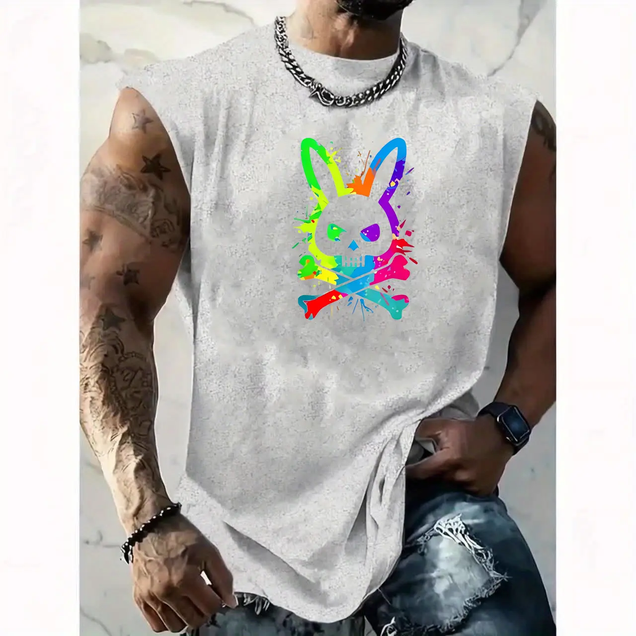 Men's Summer Leisure Sports Fitness Loose Skeleton Rabbit Pattern Printed Comfortable and Breathable Round Neck Sleeveless Tank