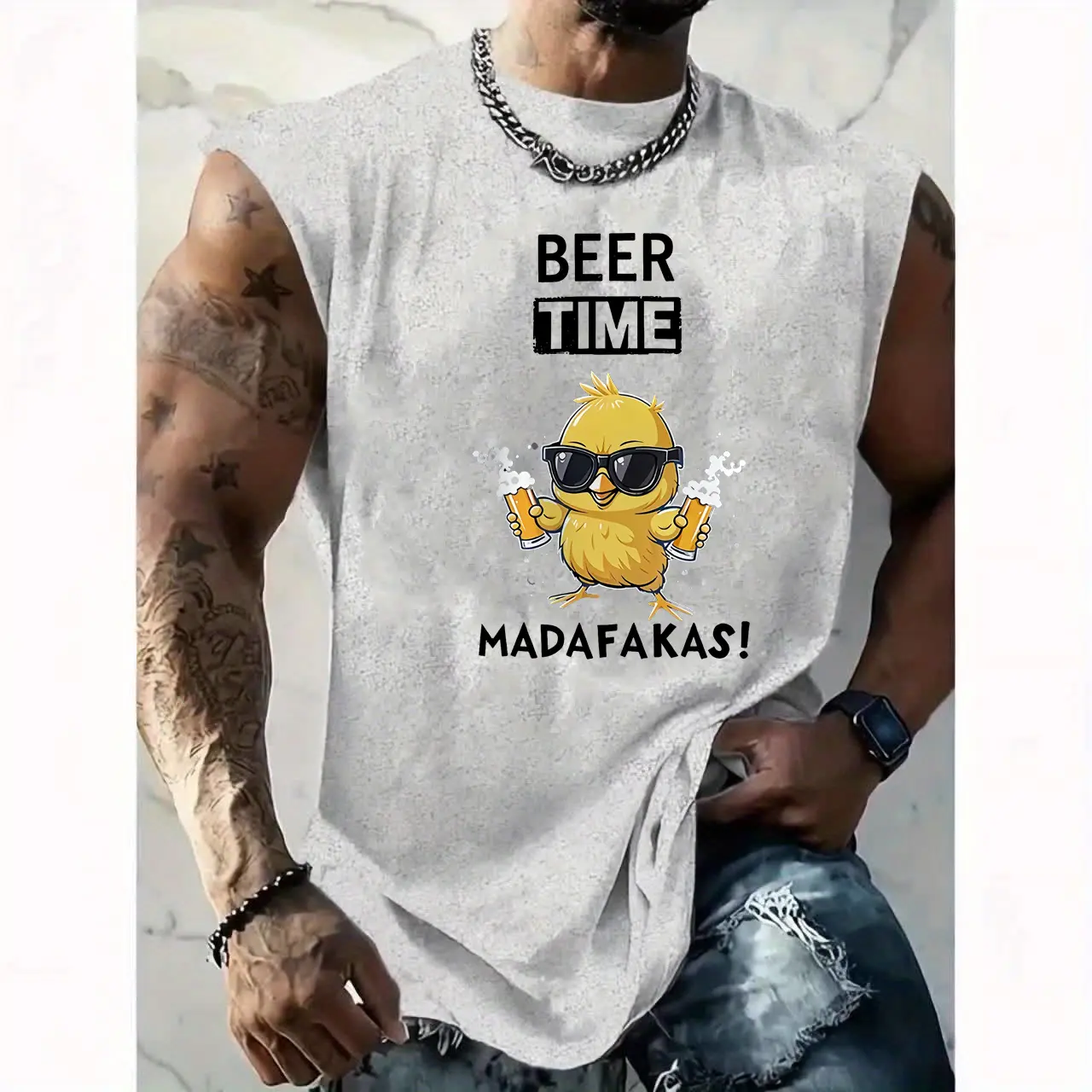 Men's Summer Leisure Sports Fitness Loose Beer Time Pattern Printed Comfortable Breathable Round Neck Sleeveless Tank Top