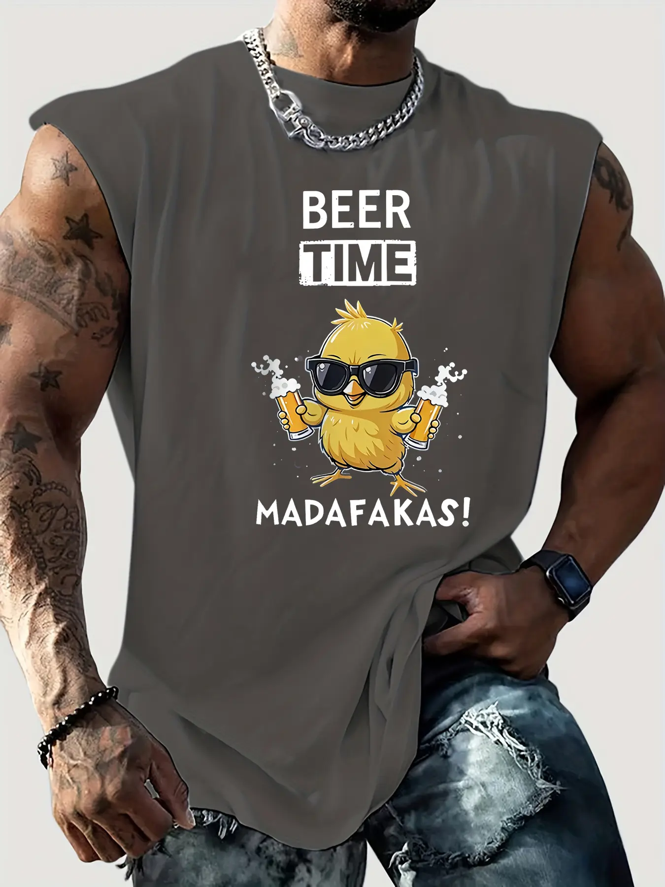 Men's Summer Leisure Sports Fitness Loose Beer Time Pattern Printed Comfortable Breathable Round Neck Sleeveless Tank Top